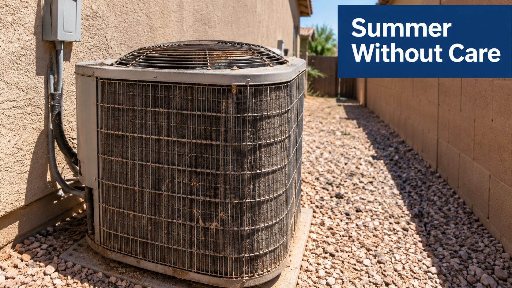 An outdoor air conditioning unit situated on gravel next to a residential house wall in summer.
