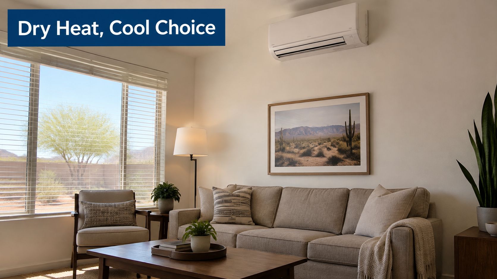 A modern living room with a neutral-toned sofa, an accent chair, and a white wall-mounted air conditioner.