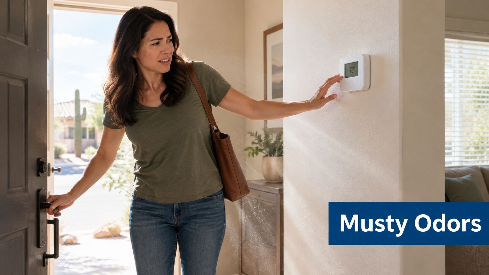 A woman looks concerned while walking into her home, noticing a musty odor near the wall thermostat.