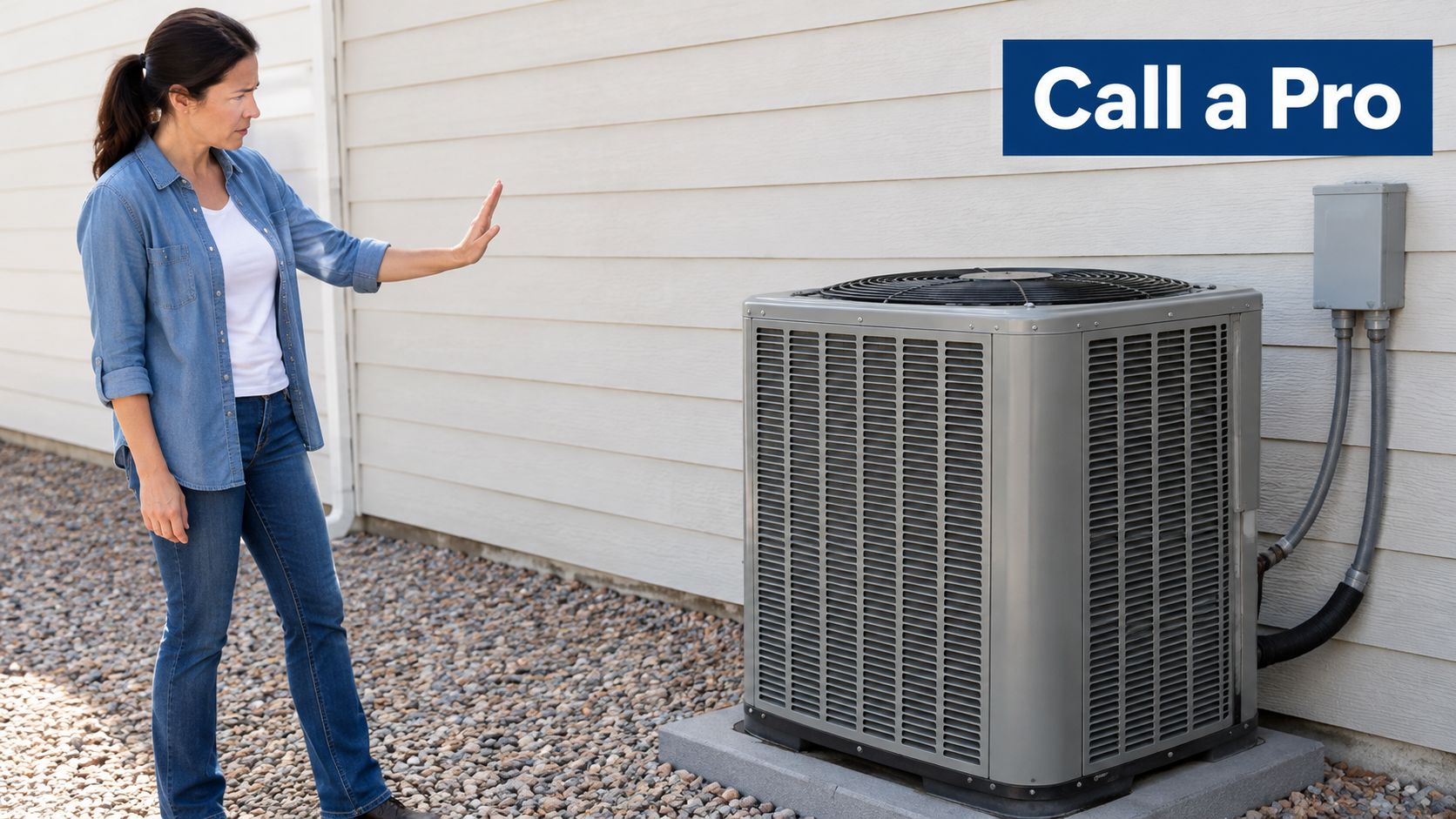 A concerned woman stands next to an outdoor HVAC heat pump unit in her backyard.
