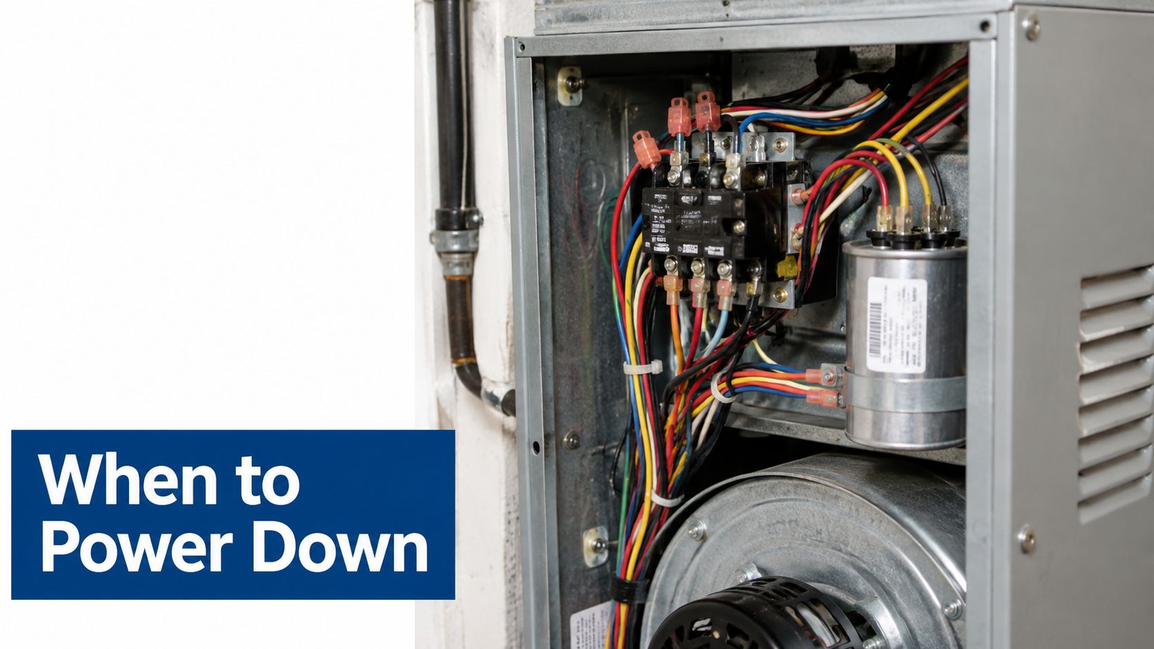 Open electrical panel of a residential furnace unit showing wiring and internal mechanical components.
