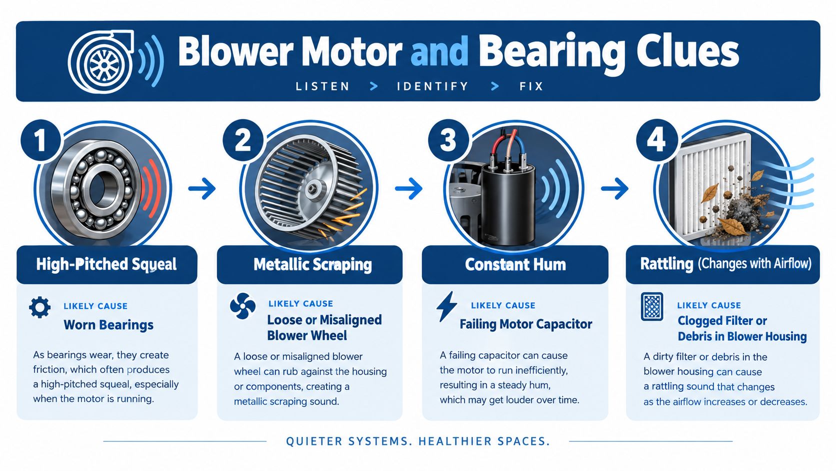 An infographic illustrating four common blower motor noises, their likely causes, and how to identify system problems.
