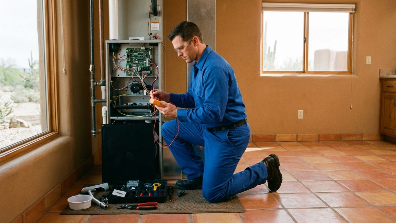 Professional HVAC technician servicing a heat pump unit in a San Tan Valley Arizona home