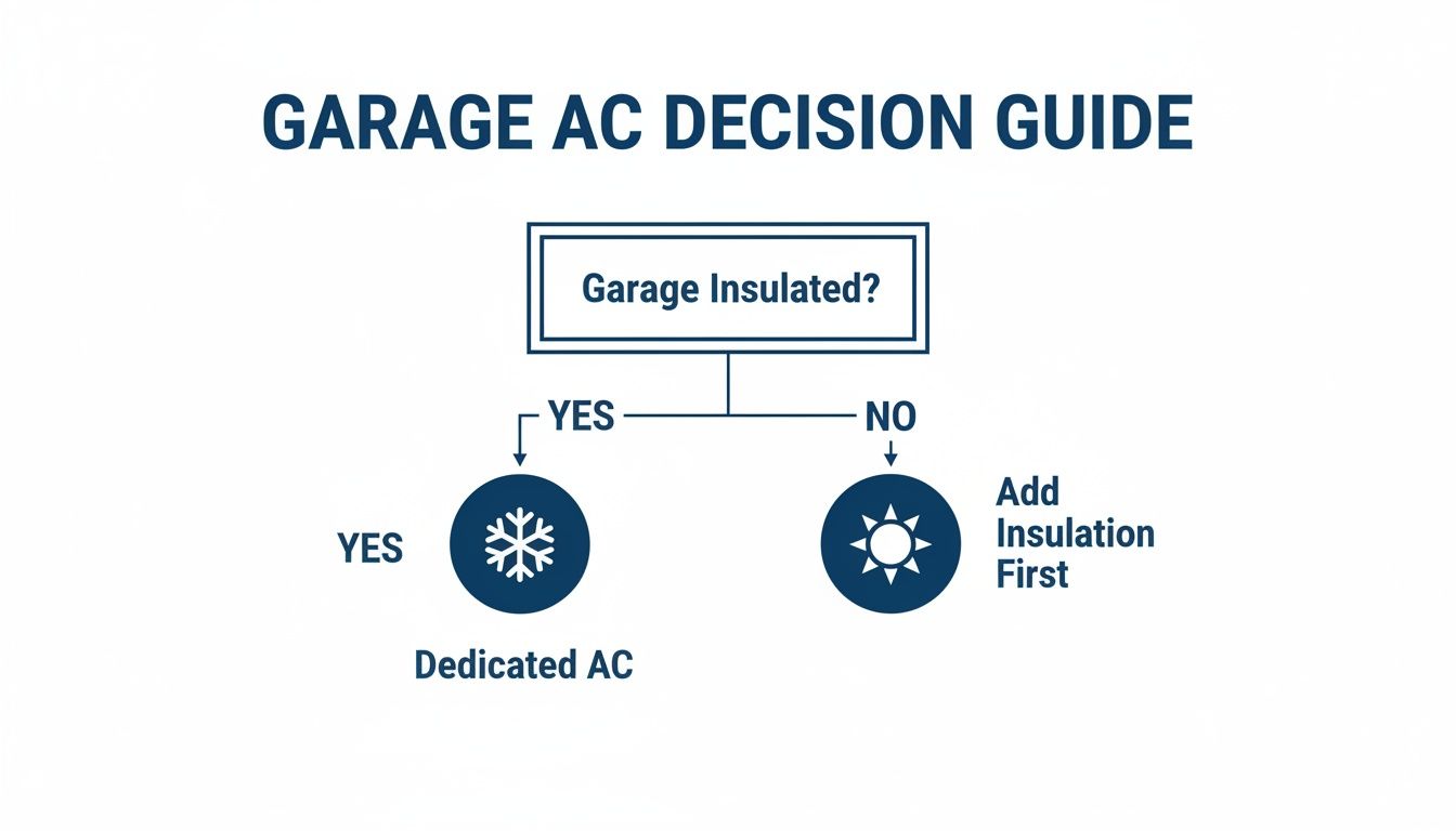 Finding the Best Air Conditioner for a Garage in Arizona 2 A decision guide flowchart for garage AC, asking if the garage is insulated and recommending solutions.