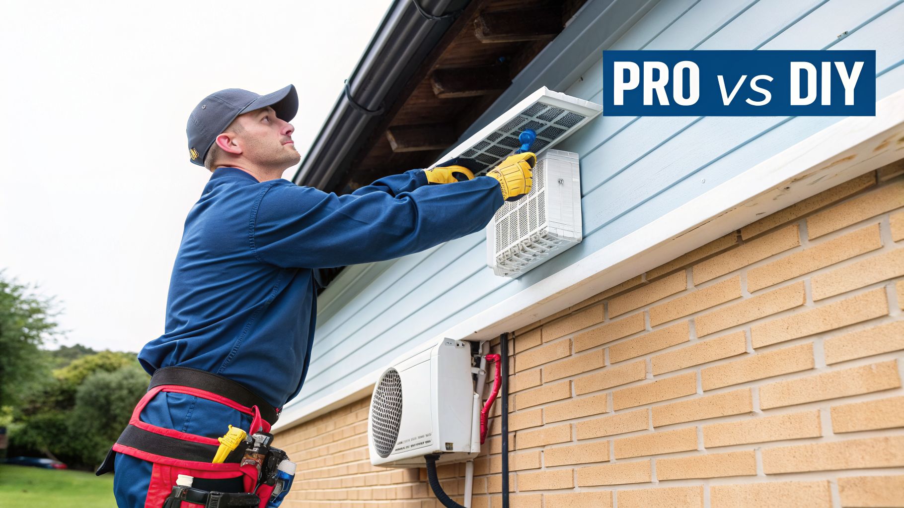 Finding the Best Air Conditioner for a Garage in Arizona 4 A man in work clothes installing an outdoor air conditioning unit on a light blue house.