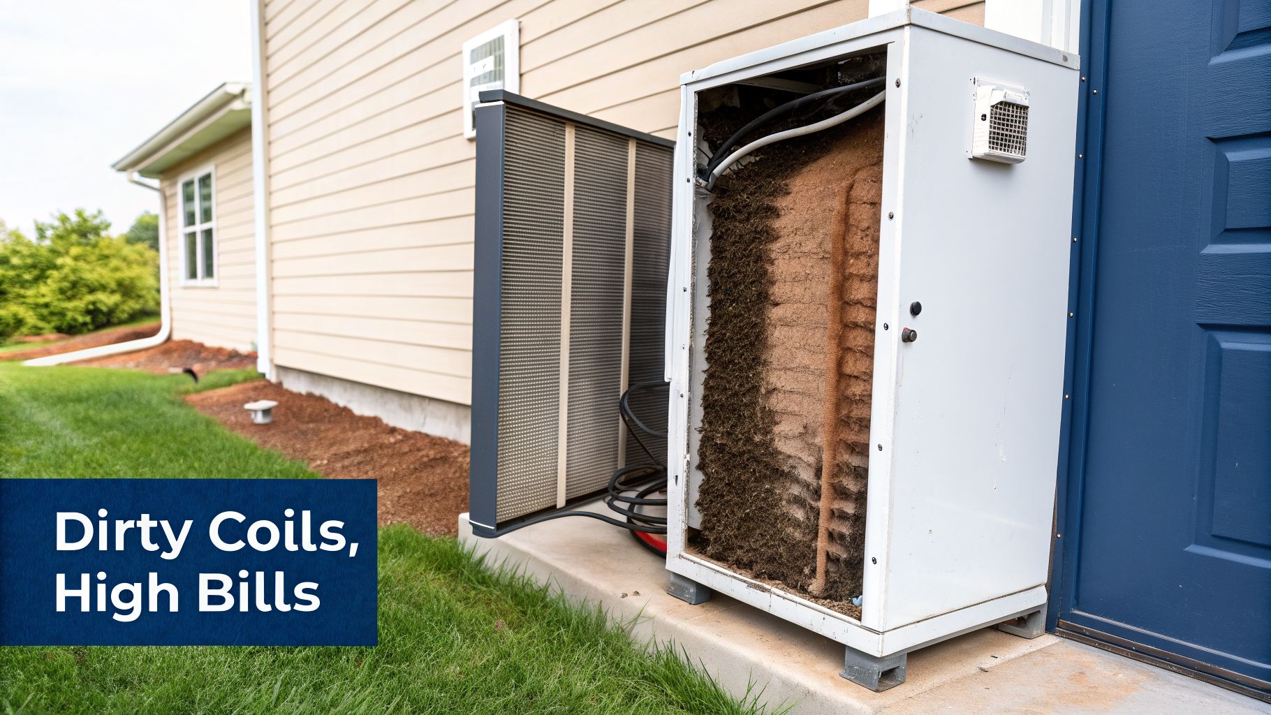 A Homeowner's Guide to Clean Air Handler Coils in Arizona 2 Outdoor air conditioner unit with a side panel removed, revealing incredibly dirty and clogged coils covered in debris.
