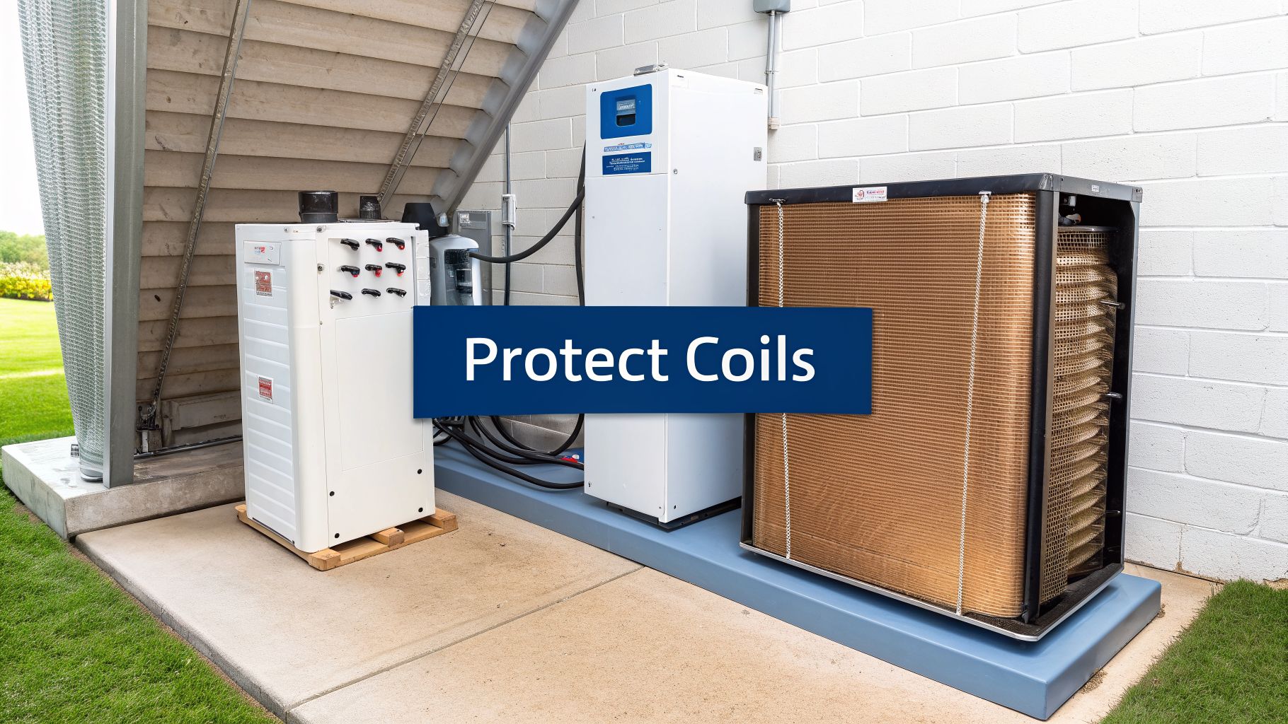 A Homeowner's Guide to Clean Air Handler Coils in Arizona 4 Outdoor industrial equipment with large copper coils and two white processing units on a concrete pad.