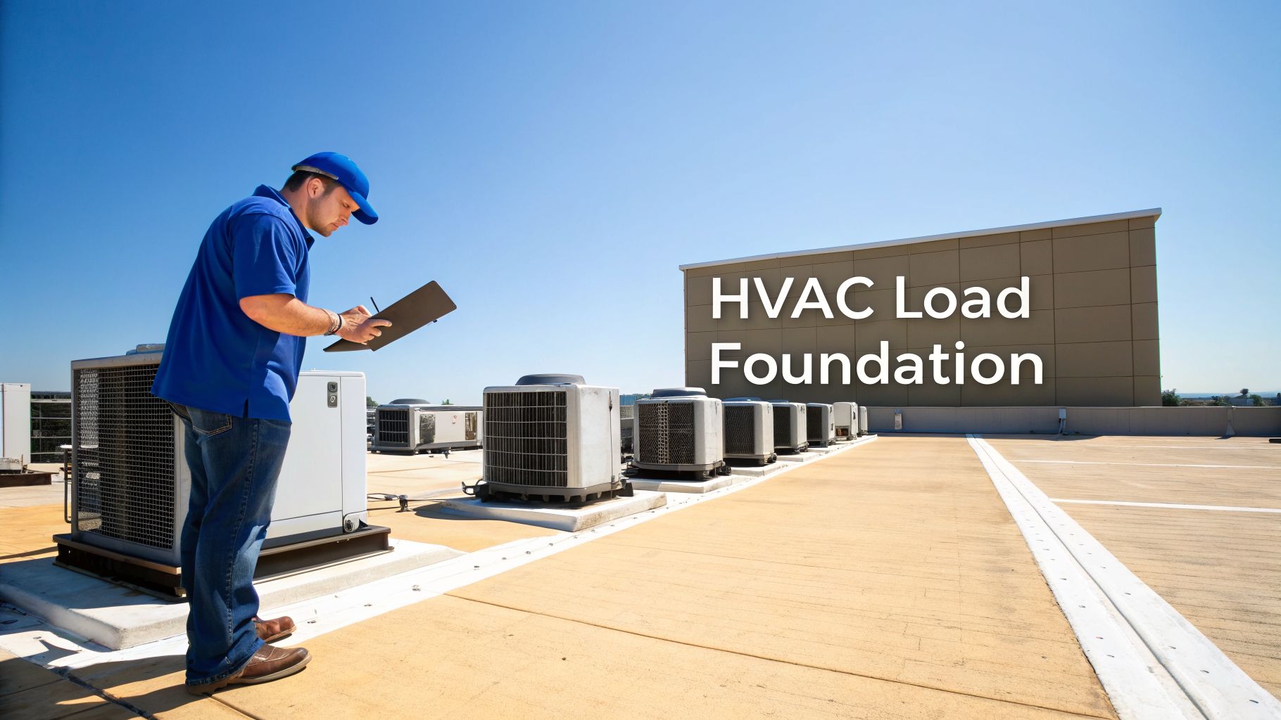 An HVAC technician inspects multiple rooftop air conditioning units on a sunny day with blue sky.