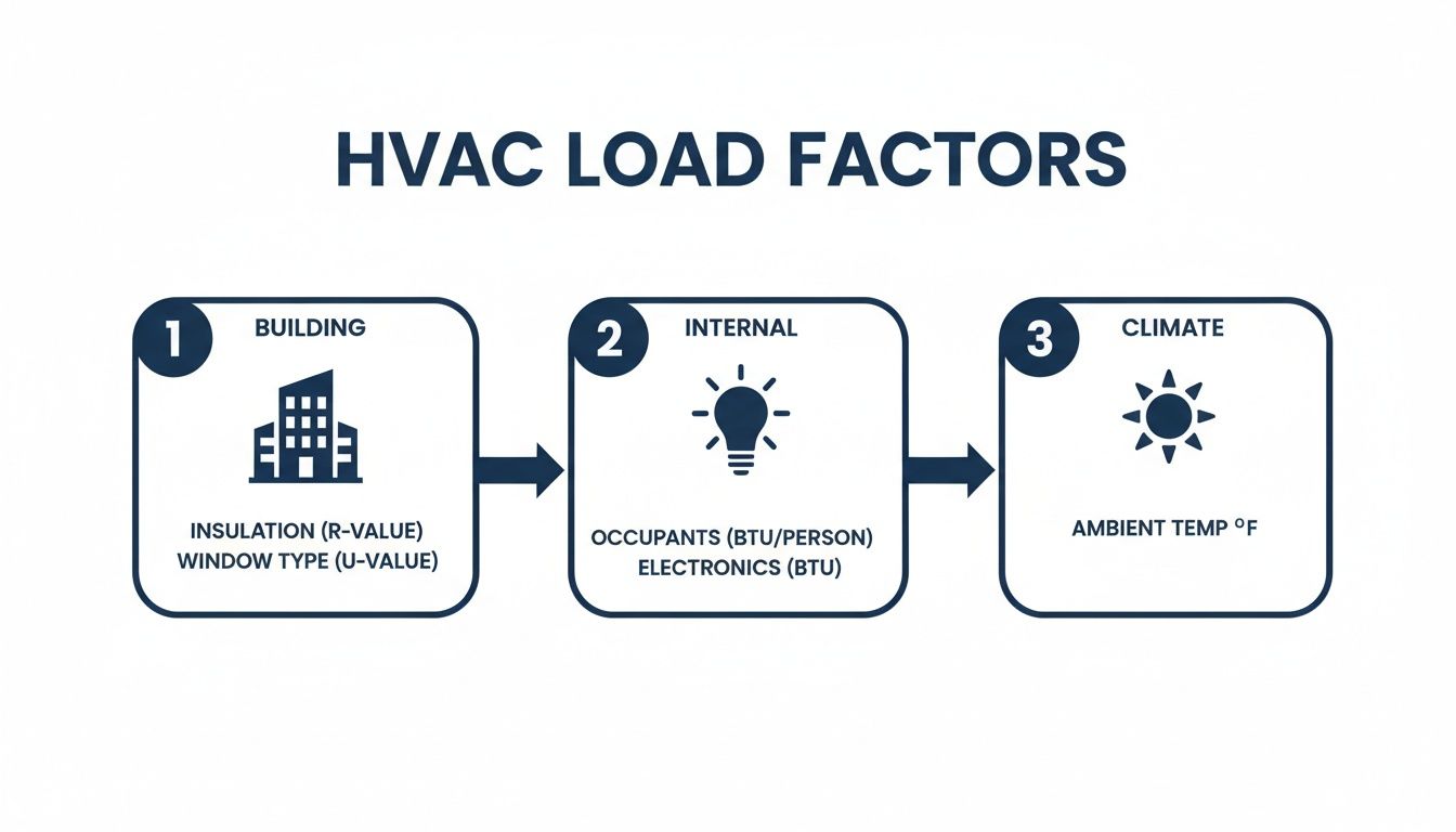 A diagram outlining key HVAC load factors: building insulation, internal heat gains from occupants, and ambient temperature.