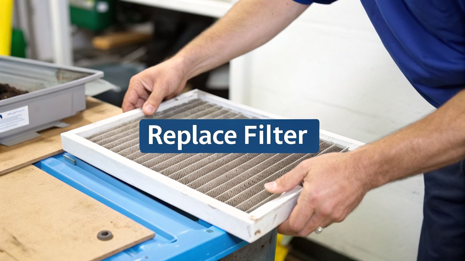 Furnace Not Blowing Hot Air Easy Fix: A Homeowner's Guide 3 A person's hands are shown holding a dirty furnace or HVAC air filter, ready for replacement.