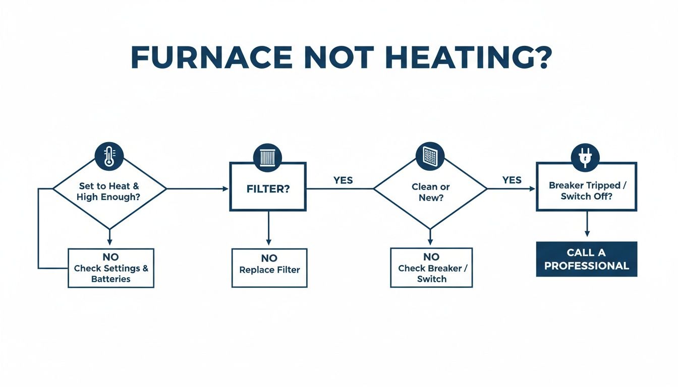 Furnace Not Blowing Hot Air Easy Fix: A Homeowner's Guide 2 Flowchart troubleshooting guide for a furnace not heating, covering thermostat settings, air filter, and power issues.