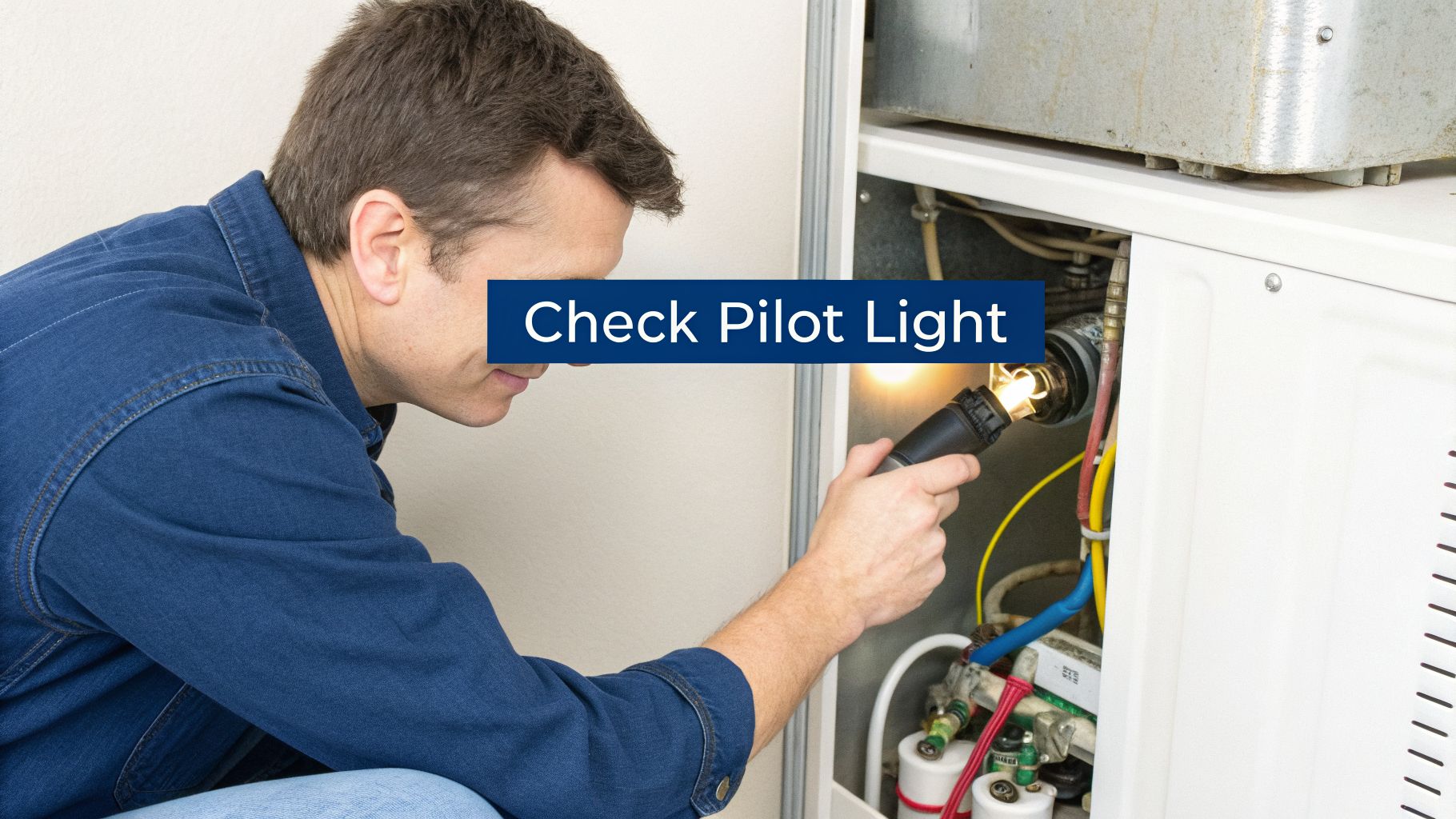Furnace Not Blowing Hot Air Easy Fix: A Homeowner's Guide 4 A man in a denim shirt inspects the inside of a furnace with a flashlight, checking the pilot light.