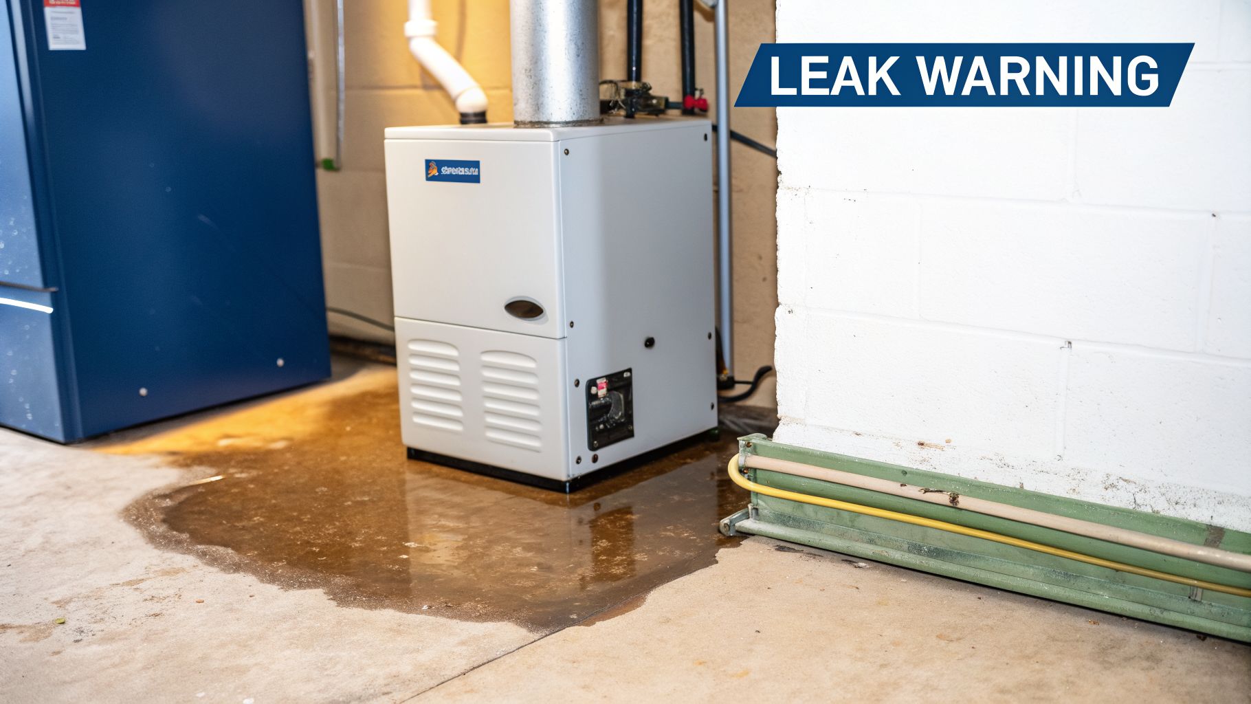 Why Is Your Heater Leaking Water and How to Fix It 2 A white furnace actively leaks water onto a concrete basement floor, with a 'LEAK WARNING' overlay.