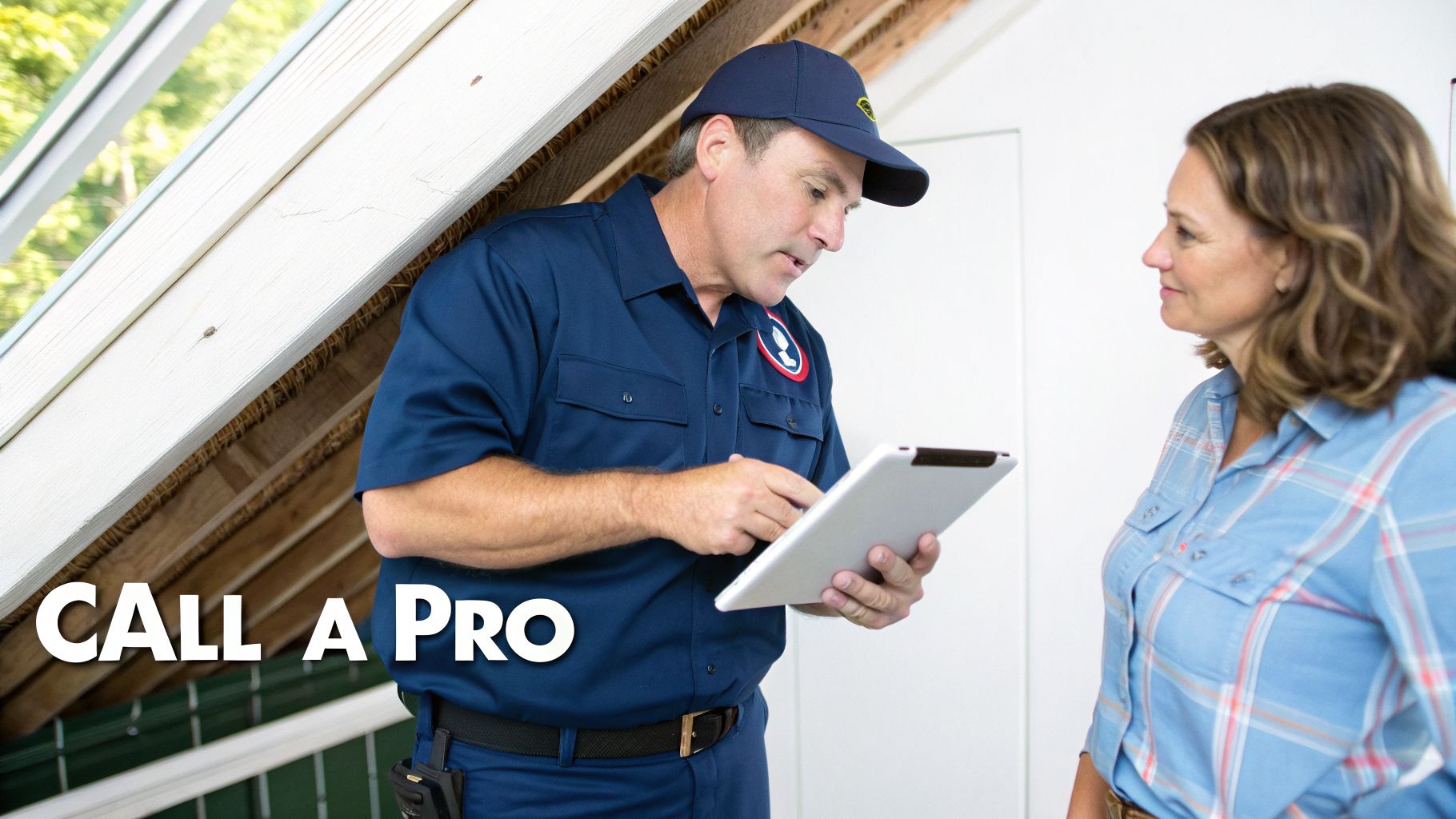 A professional HVAC technician in uniform shows a homeowner information on a tablet in an attic.