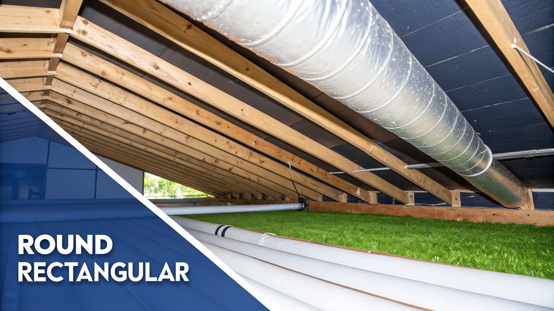 How to Size Ductwork for HVAC: Expert 2026 Guide for Phoenix Efficiency 4 Attic space with round metallic ductwork, exposed wooden rafters, and green artificial turf floor.