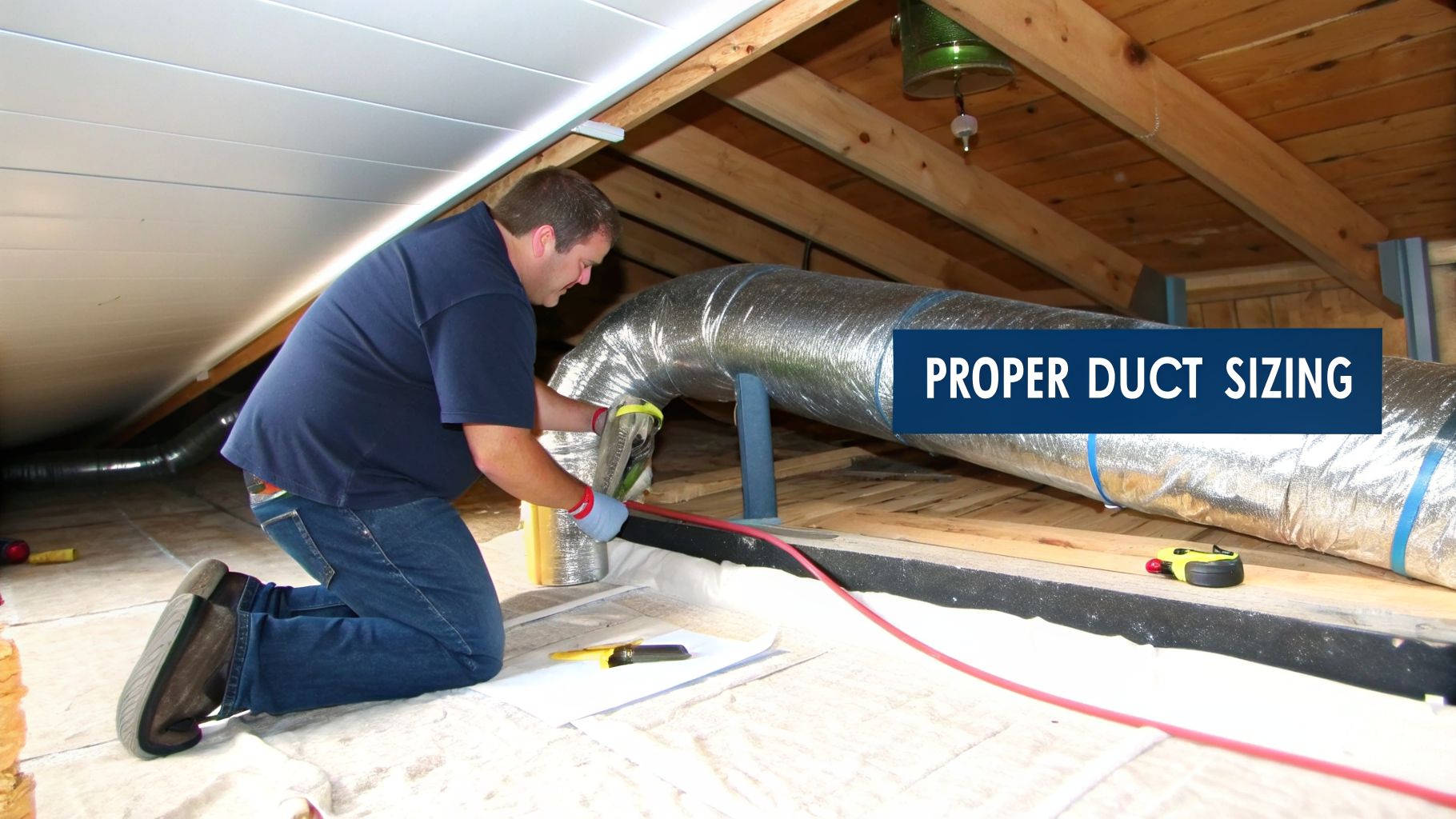 How to Size Ductwork for HVAC: Expert 2026 Guide for Phoenix Efficiency 2 A technician in gloves is working on a large, insulated HVAC duct in an attic, with the text 'PROPER DUCT SIZING' visible.