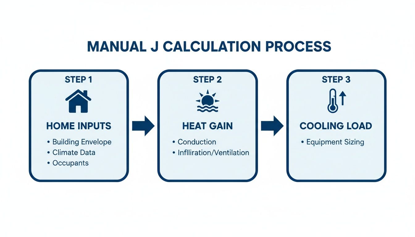 How to Size Ductwork for HVAC: Expert 2026 Guide for Phoenix Efficiency 3 Flowchart detailing the Manual J calculation process steps: Home Inputs, Heat Gain, and Cooling Load.