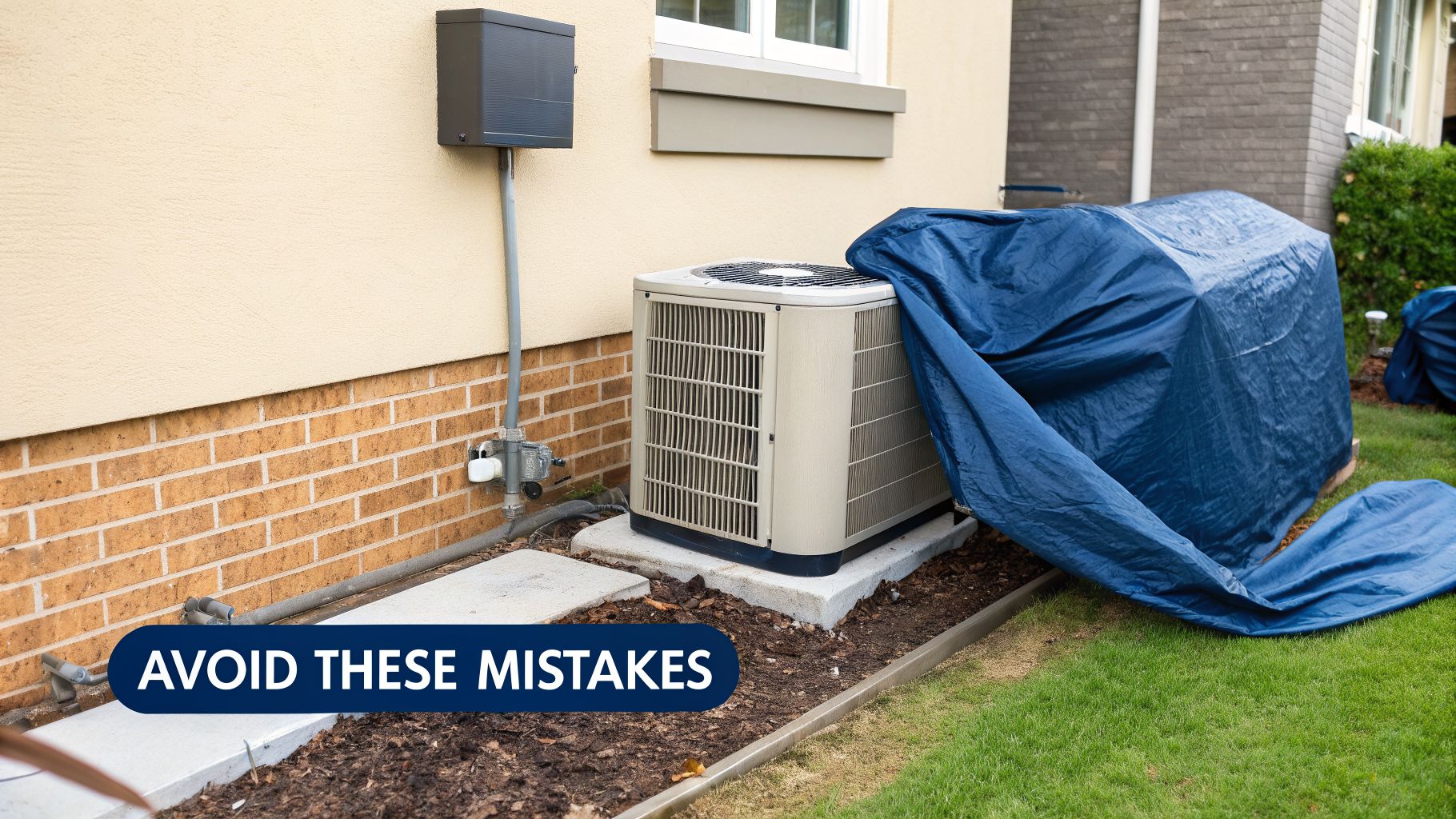 How to Winterize Air Conditioner Units in Phoenix 4 An outdoor air conditioning unit is partially covered with a blue tarp next to a house wall.