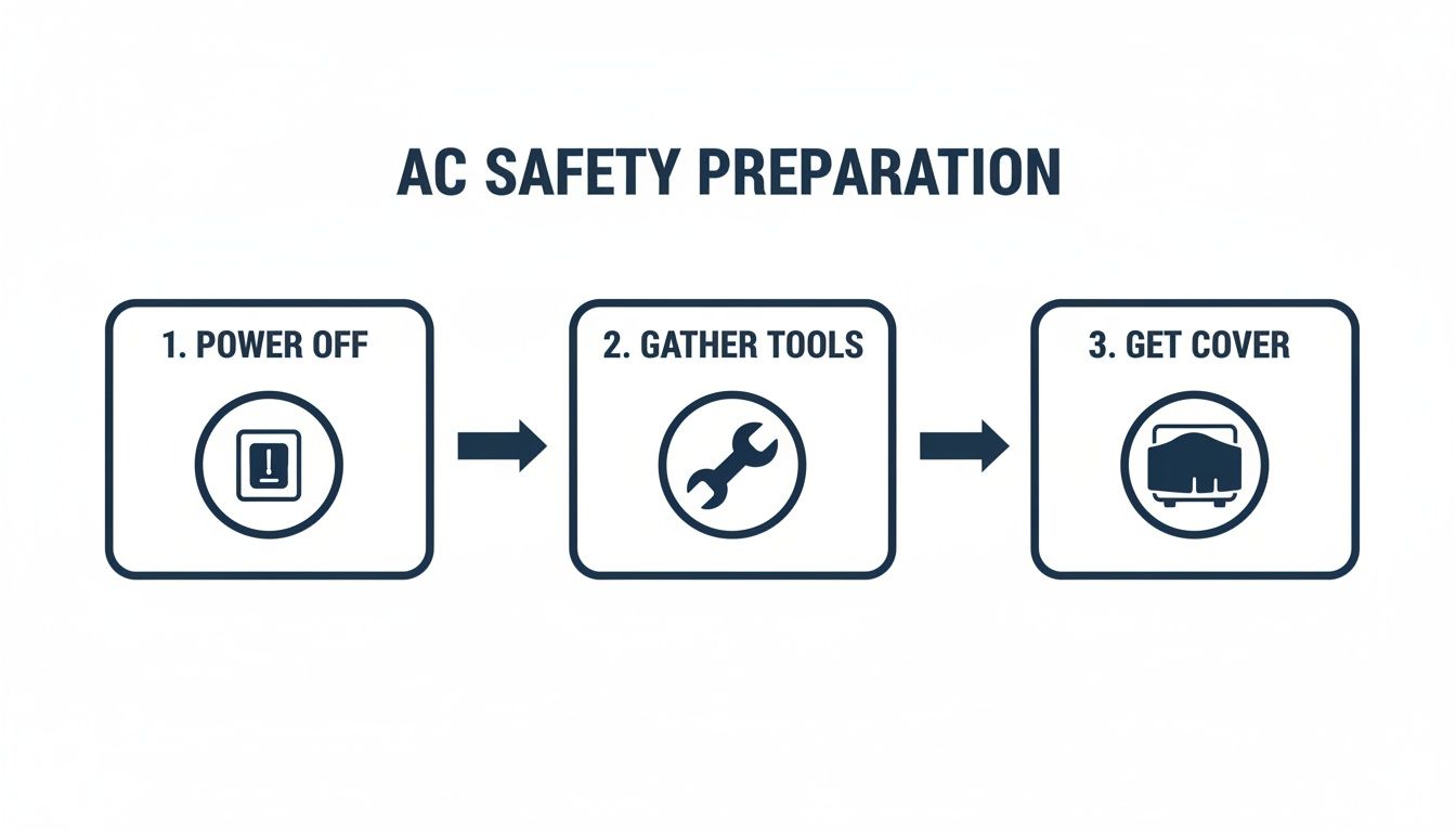 How to Winterize Air Conditioner Units in Phoenix 3 A three-step infographic for AC safety preparation: power off, gather tools, and get cover.