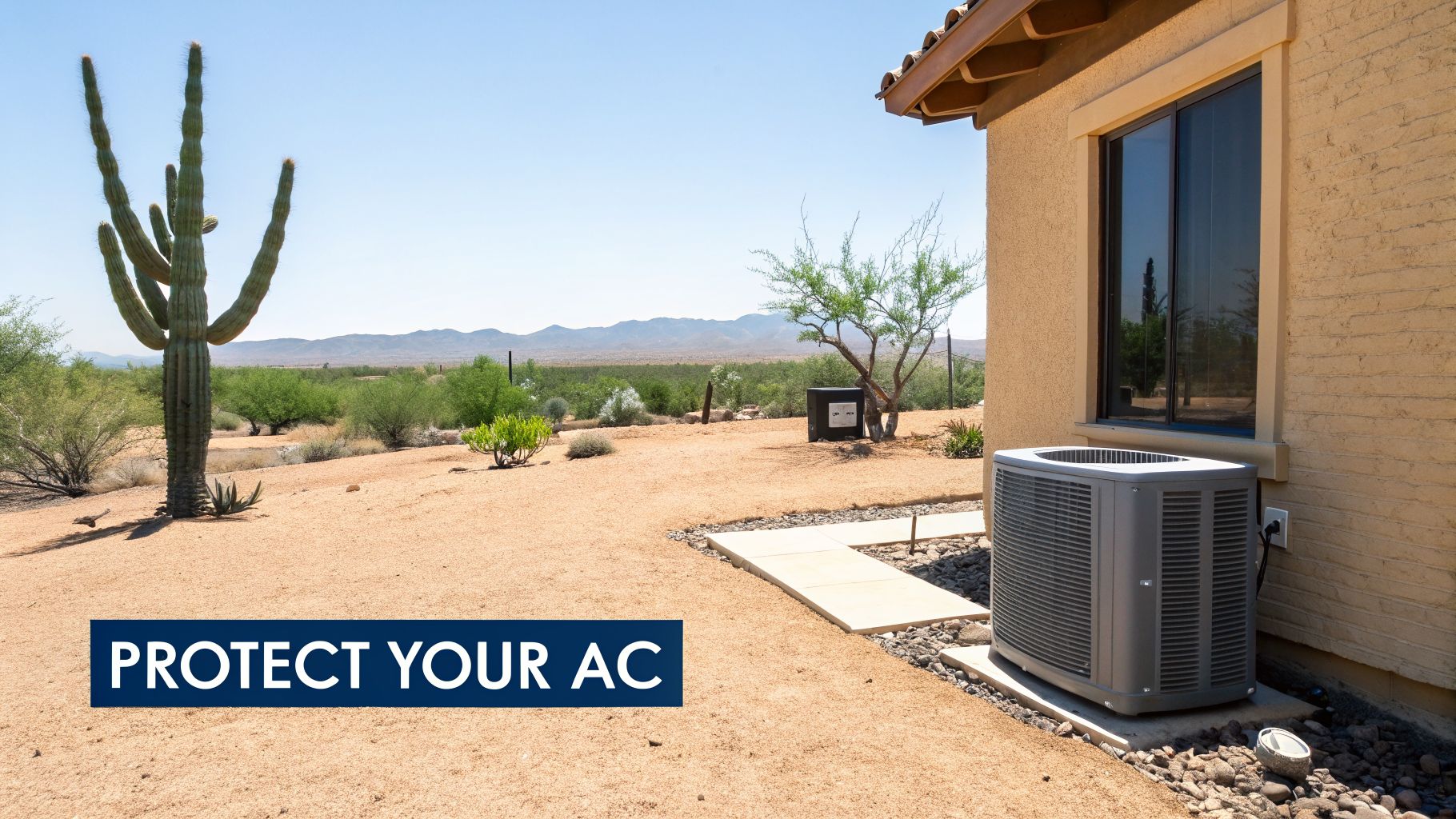 How to Winterize Air Conditioner Units in Phoenix 2 An AC unit outside a desert home, surrounded by gravel and sand, with a large saguaro cactus and mountains in the background.
