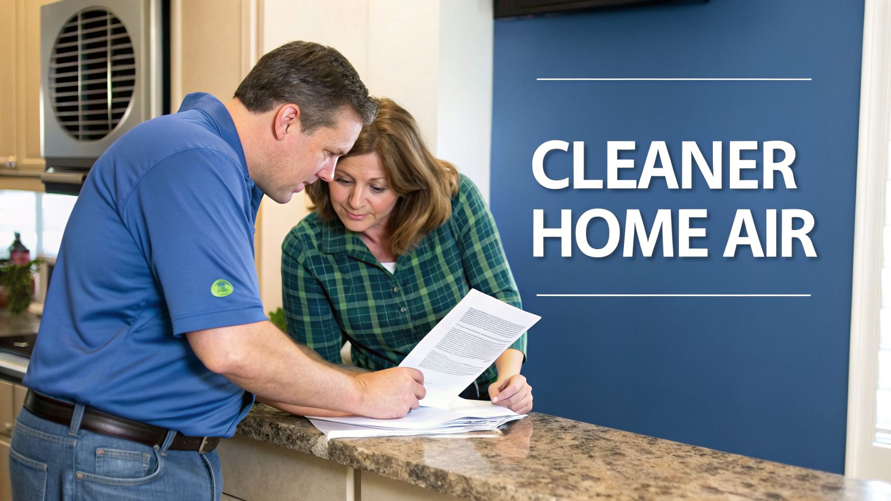 A man and woman review documents on a counter in a kitchen with a "Cleaner Home Air" sign.