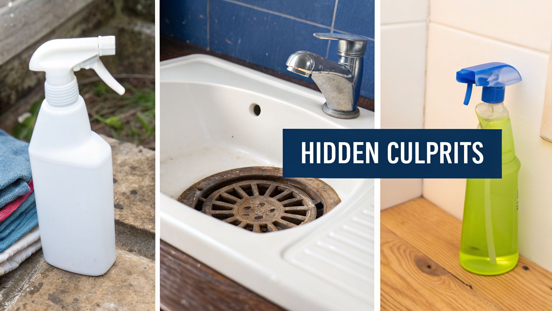 Is My House Making Me Sick? A Guide to Home Health 3 Three panels showing a white spray bottle, a dirty sink with a rusty drain, and a green spray bottle, with text 'HIDDEN CULPRITS'.