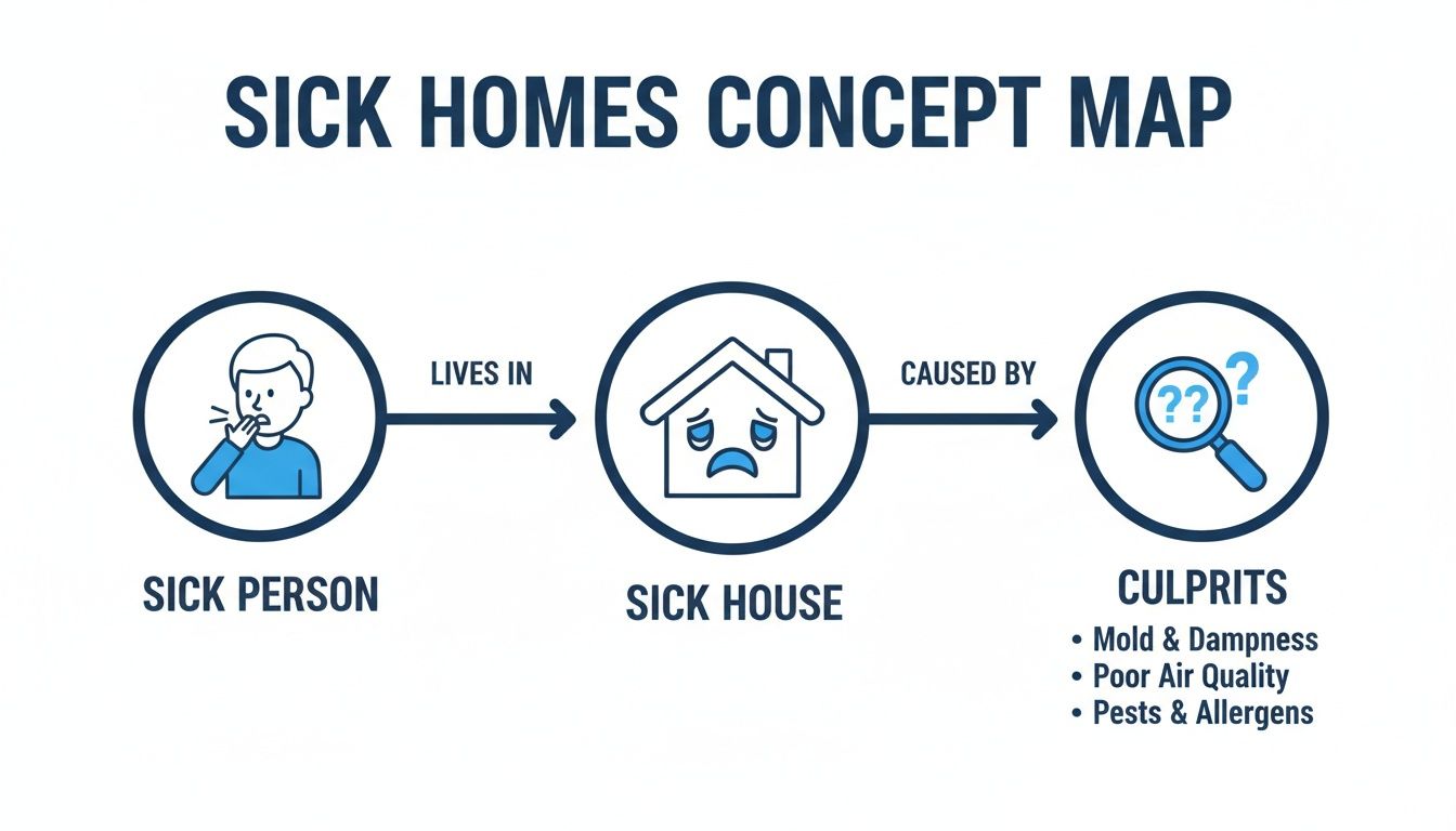 Is My House Making Me Sick? A Guide to Home Health 2 Concept map showing a sick person living in a sick house caused by mold, poor air, and pests.