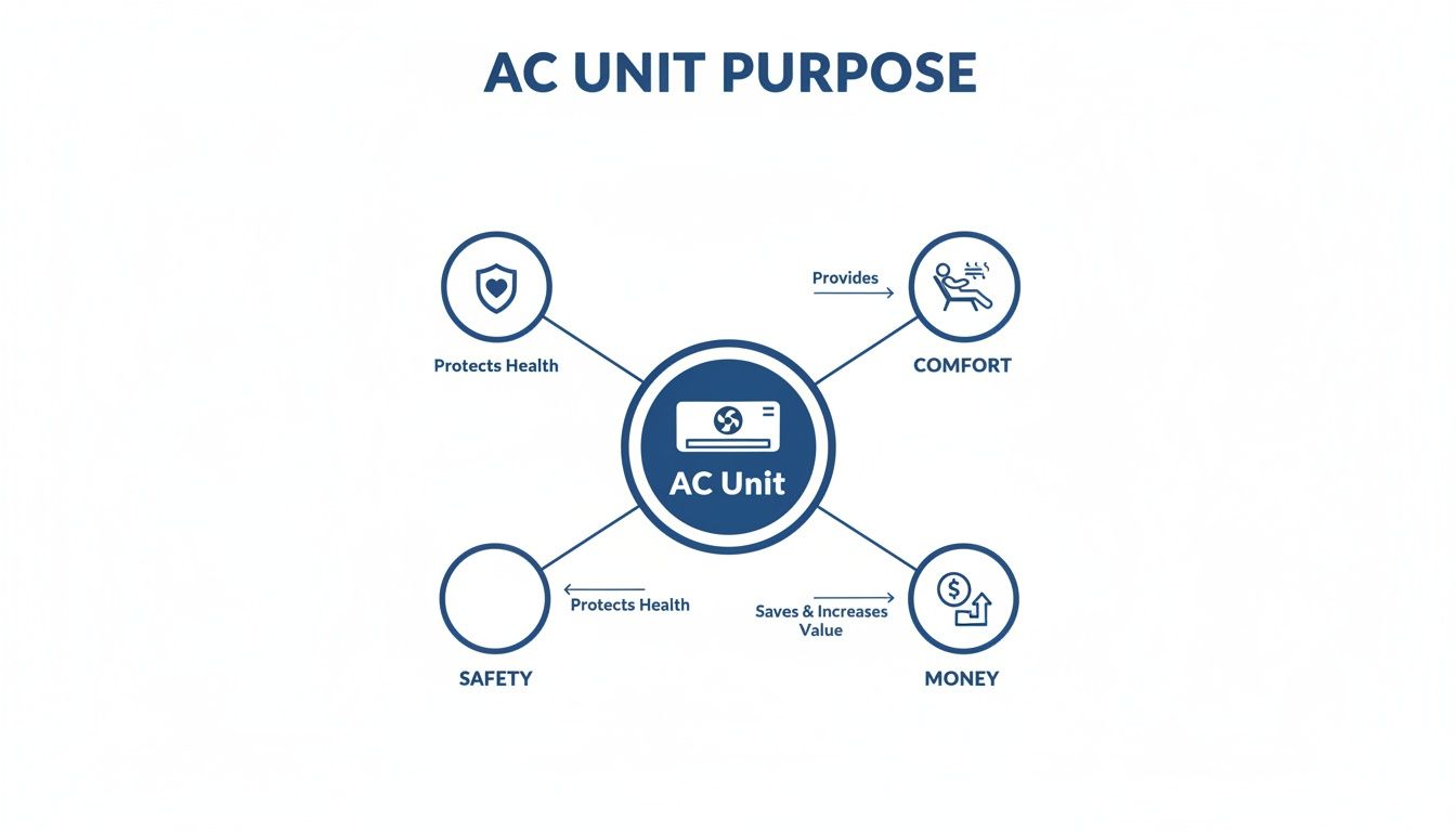 A diagram illustrating AC unit purposes, including protecting health, providing comfort, saving money, and ensuring safety.