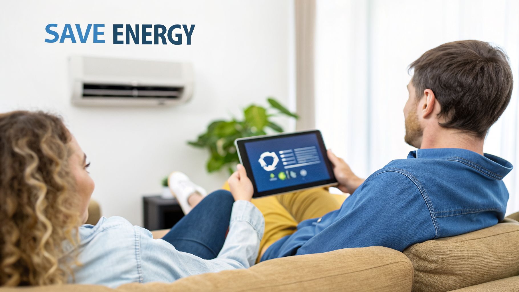 What Is An AC Tune Up? Maximize Your Home Comfort & Savings 3 A couple on a couch using a tablet to manage smart home energy, with an air conditioner visible.