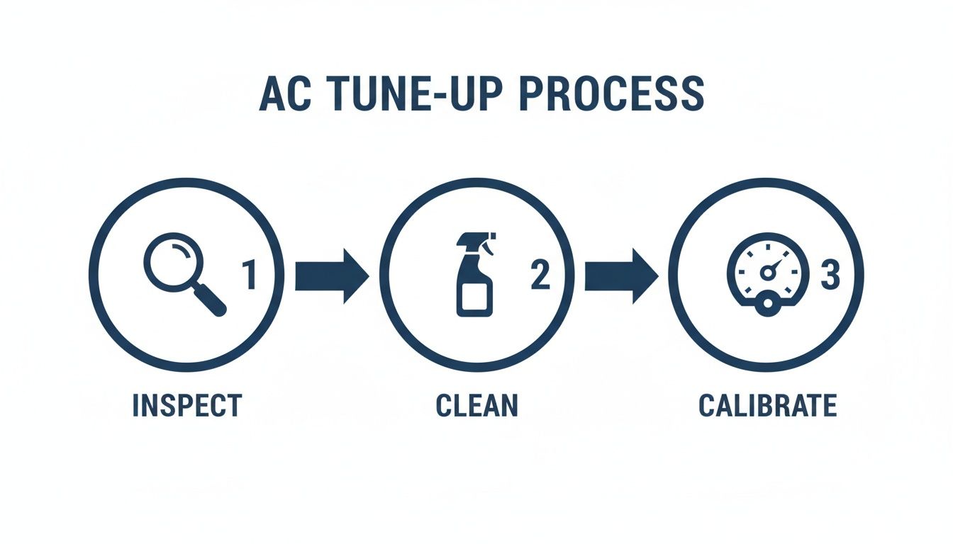 What Is An AC Tune Up? Maximize Your Home Comfort & Savings 2 An infographic illustrating the three-step AC tune-up process: inspect, clean, and calibrate with icons.