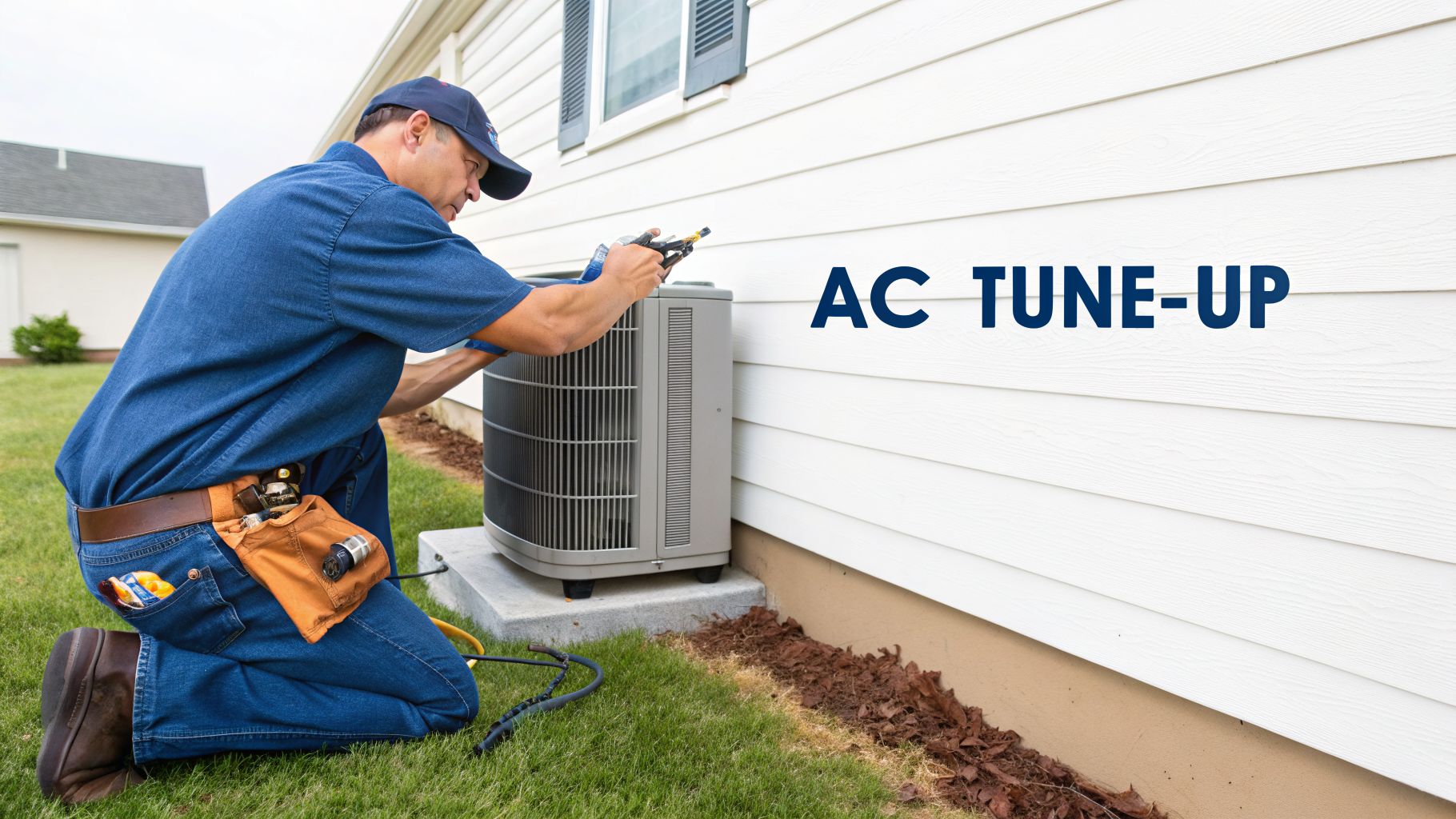 A technician kneels on grass, servicing an outdoor AC unit beside a white house, ready for an AC tune-up.