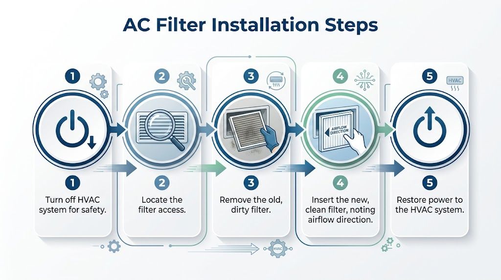 A five-step infographic showing how to safely replace an air conditioning system filter in a home.