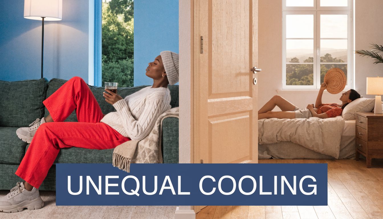 A split screen showing a relaxed woman on a couch and a woman fanning herself in bed.