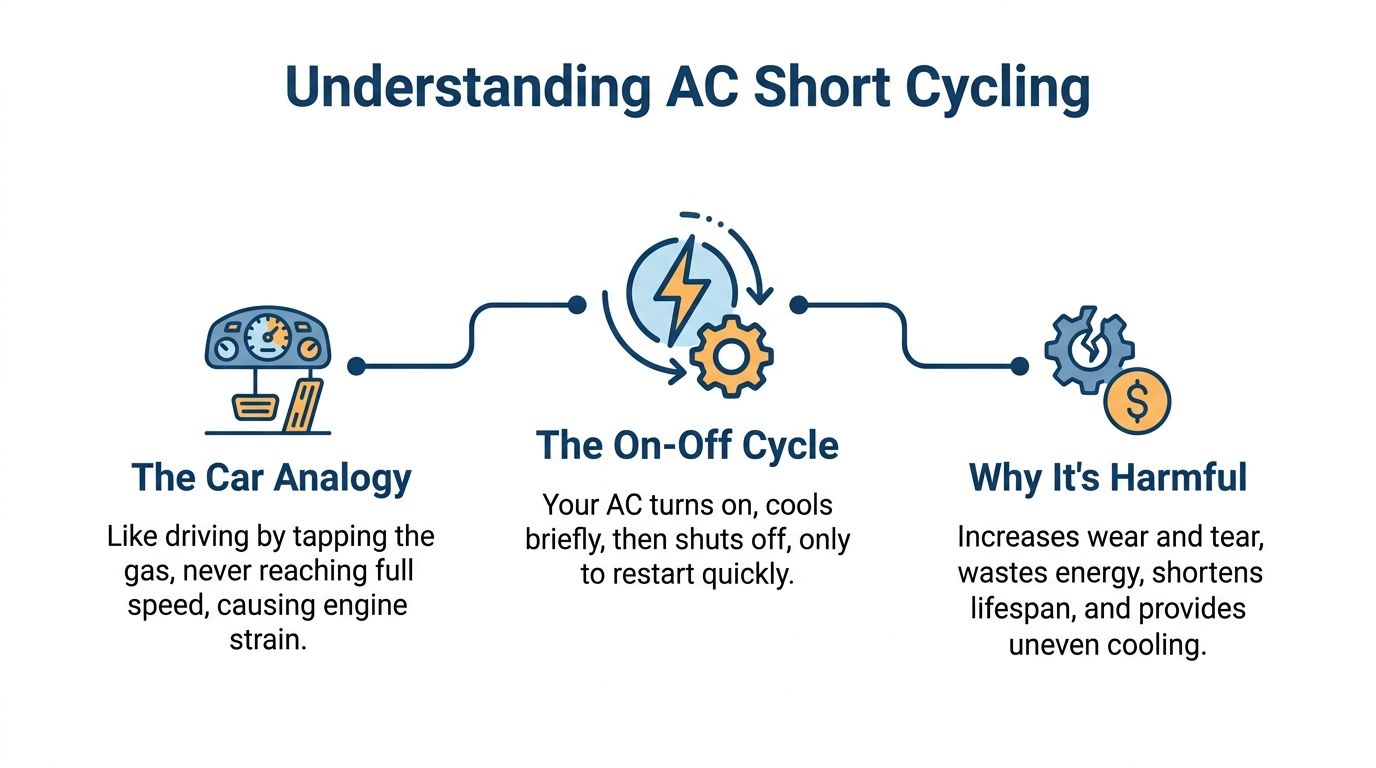 An infographic explaining AC short cycling with a car analogy, an on-off cycle diagram, and harmful effects.