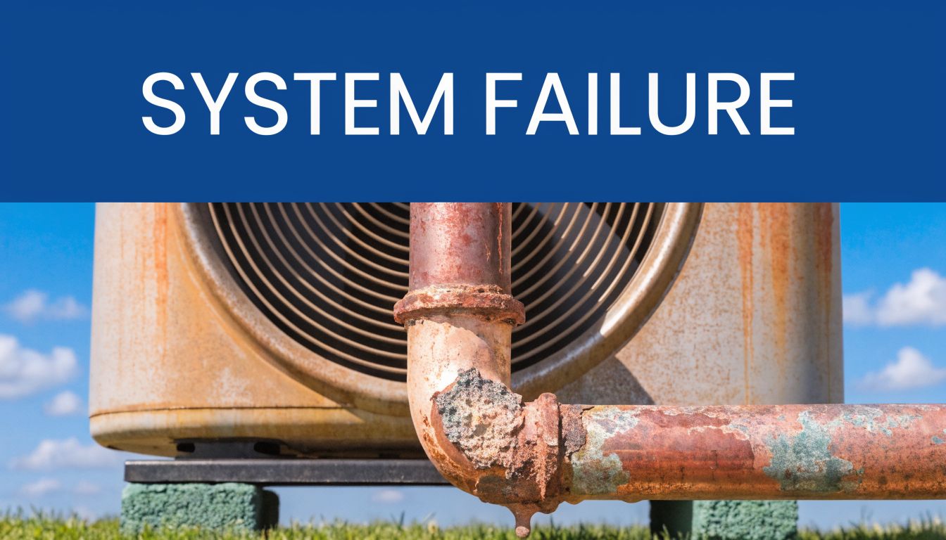 A rusted, corroded HVAC pipe connected to an outdoor air conditioning unit under a clear blue sky.