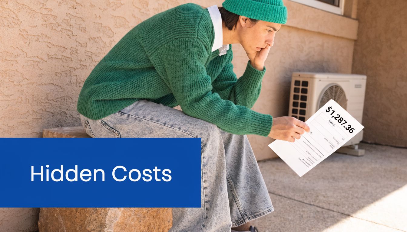 A concerned person holding a bill for $1,287.36 while sitting next to an outdoor air conditioning unit.