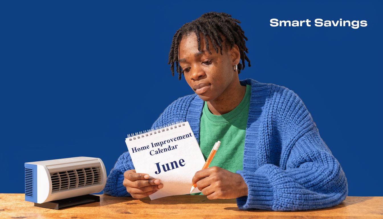 A young person sits at a wooden table holding a calendar while planning home improvements in June.