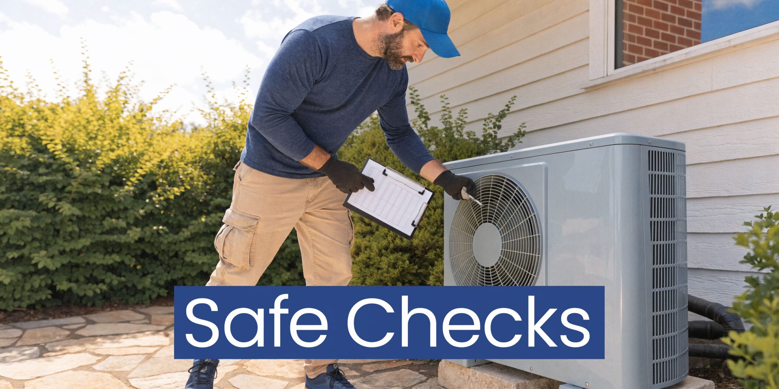 Air Conditioner Humming: Causes & Fixes 5 A professional technician wearing gloves and a blue cap inspects an outdoor air conditioning unit with a clipboard.