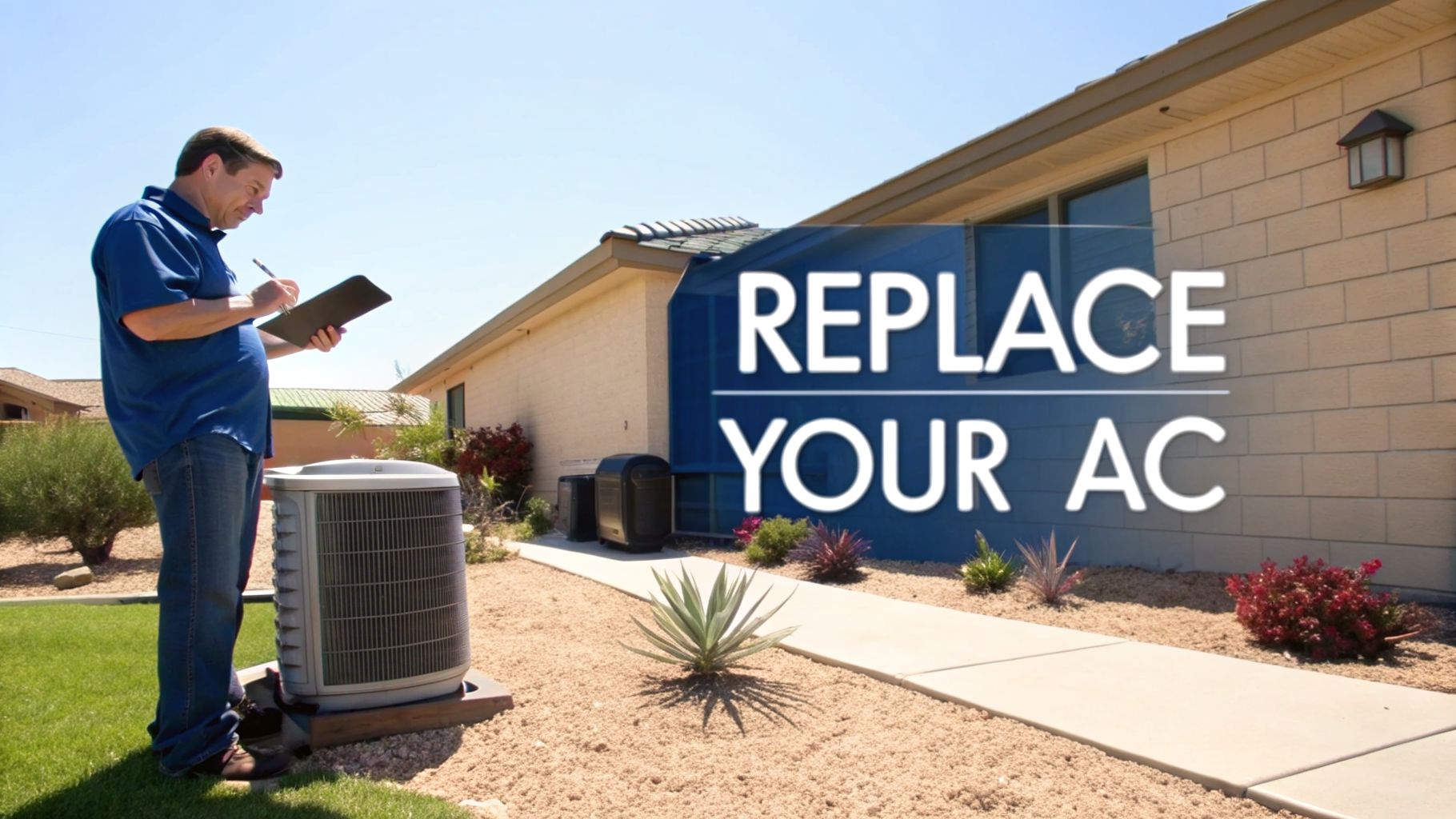 A technician inspects an outdoor air conditioning unit with text 'REPLACE YOUR AC' on a house wall.