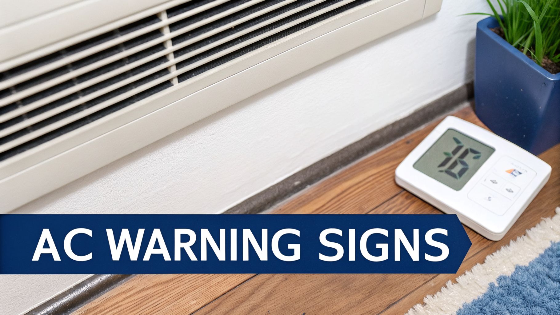 Close-up of an air conditioner unit, a digital thermostat showing 76 degrees, and an 'AC WARNING SIGNS' banner.