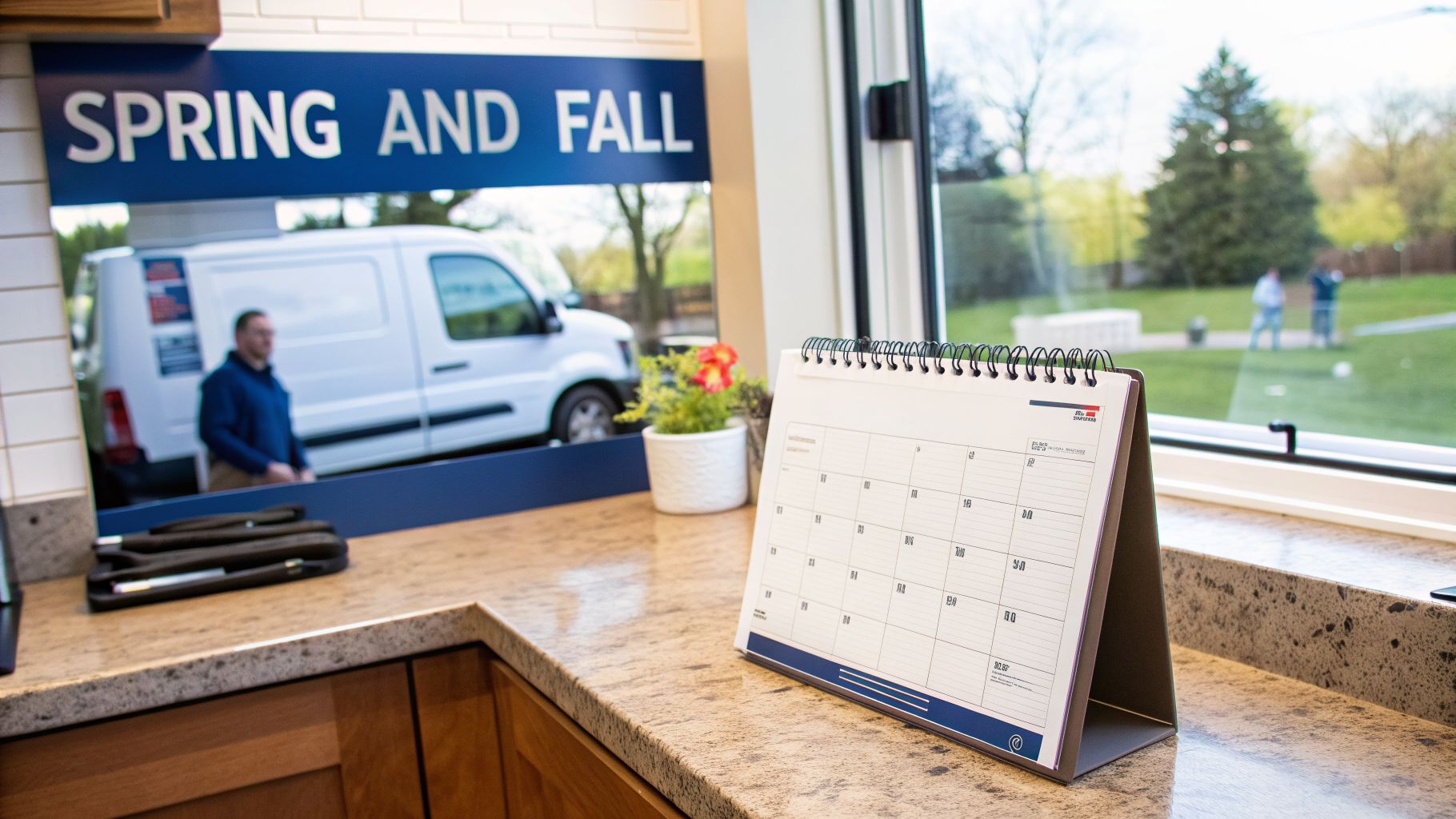 A desk calendar on a counter with a sign reflecting "SPRING AND FALL" and a man by a van outside.