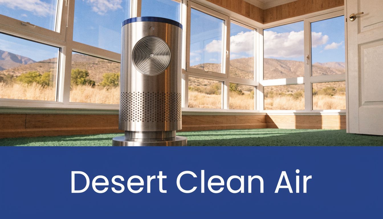 A modern metallic air purifier stands on a green carpet in a sunlit room with scenic windows.