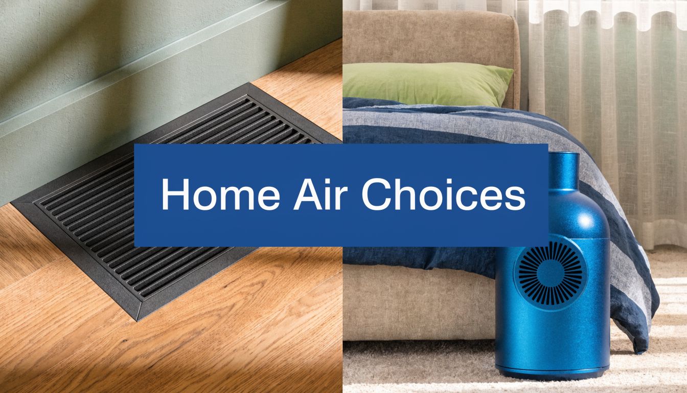 A split screen comparing a modern floor vent and a sleek blue air purifier in a bedroom.