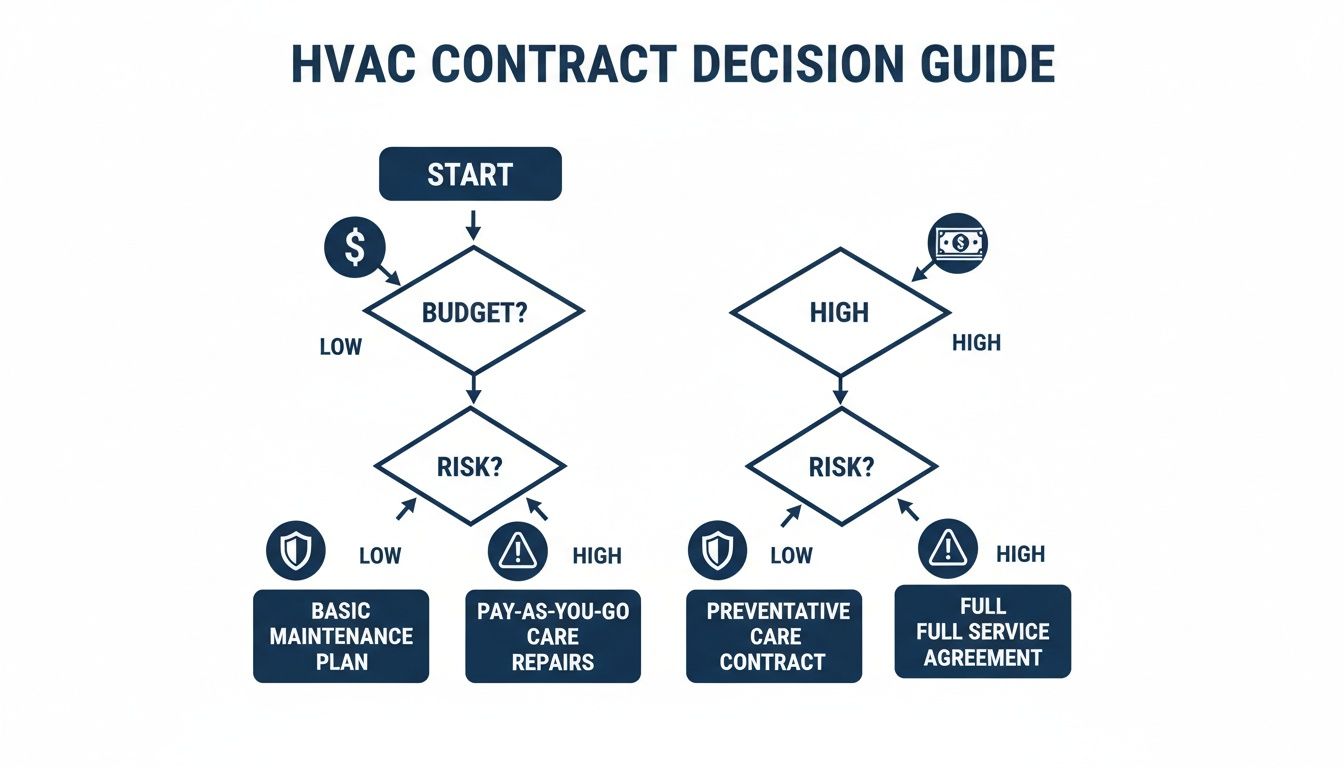 Flowchart guide for HVAC contract decisions, considering budget and risk for maintenance plans.