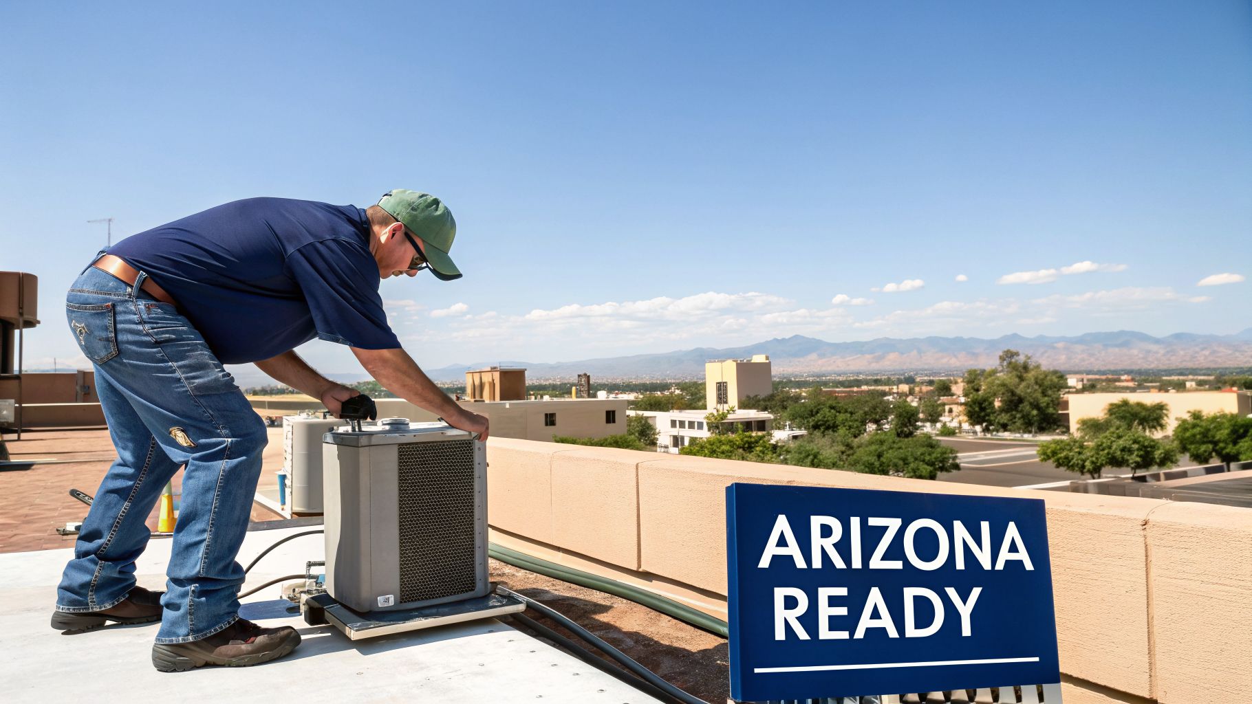 A man in a blue shirt and jeans works on a rooftop HVAC unit with a cityscape in the background.