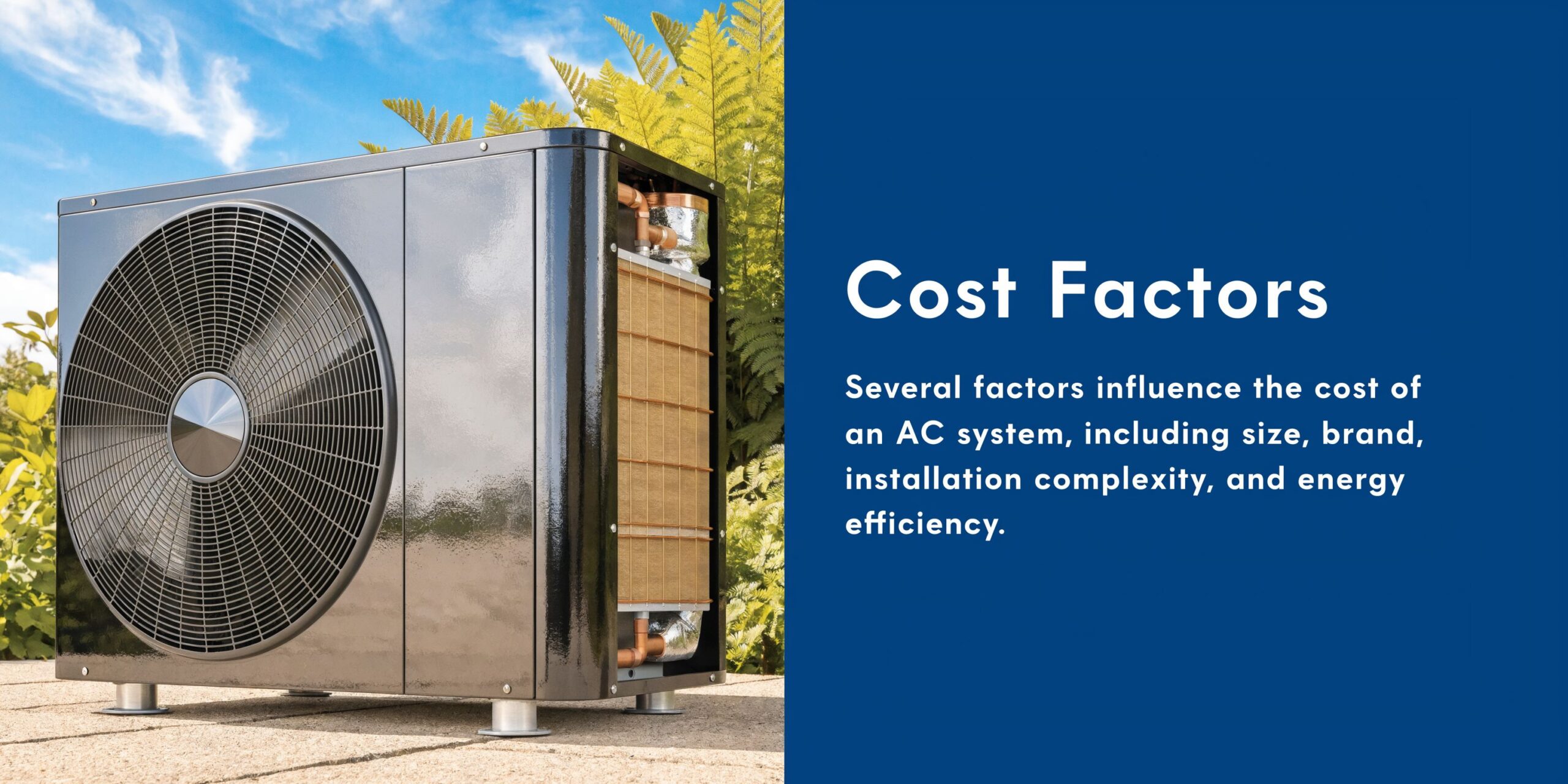 A modern black outdoor air conditioning heat pump unit situated on a paved patio outdoors.