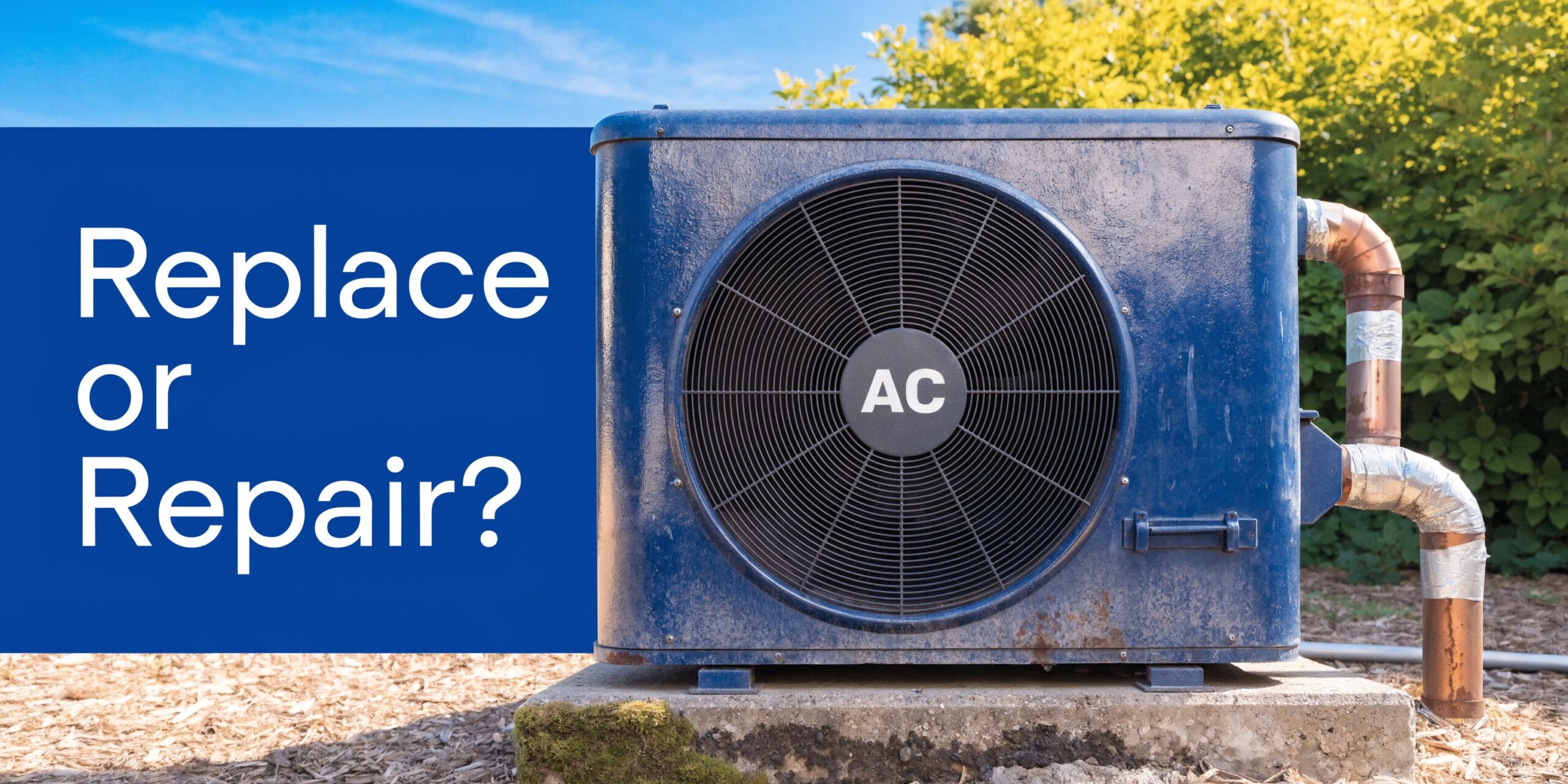 A blue outdoor air conditioning unit sits on a concrete slab in a garden setting.