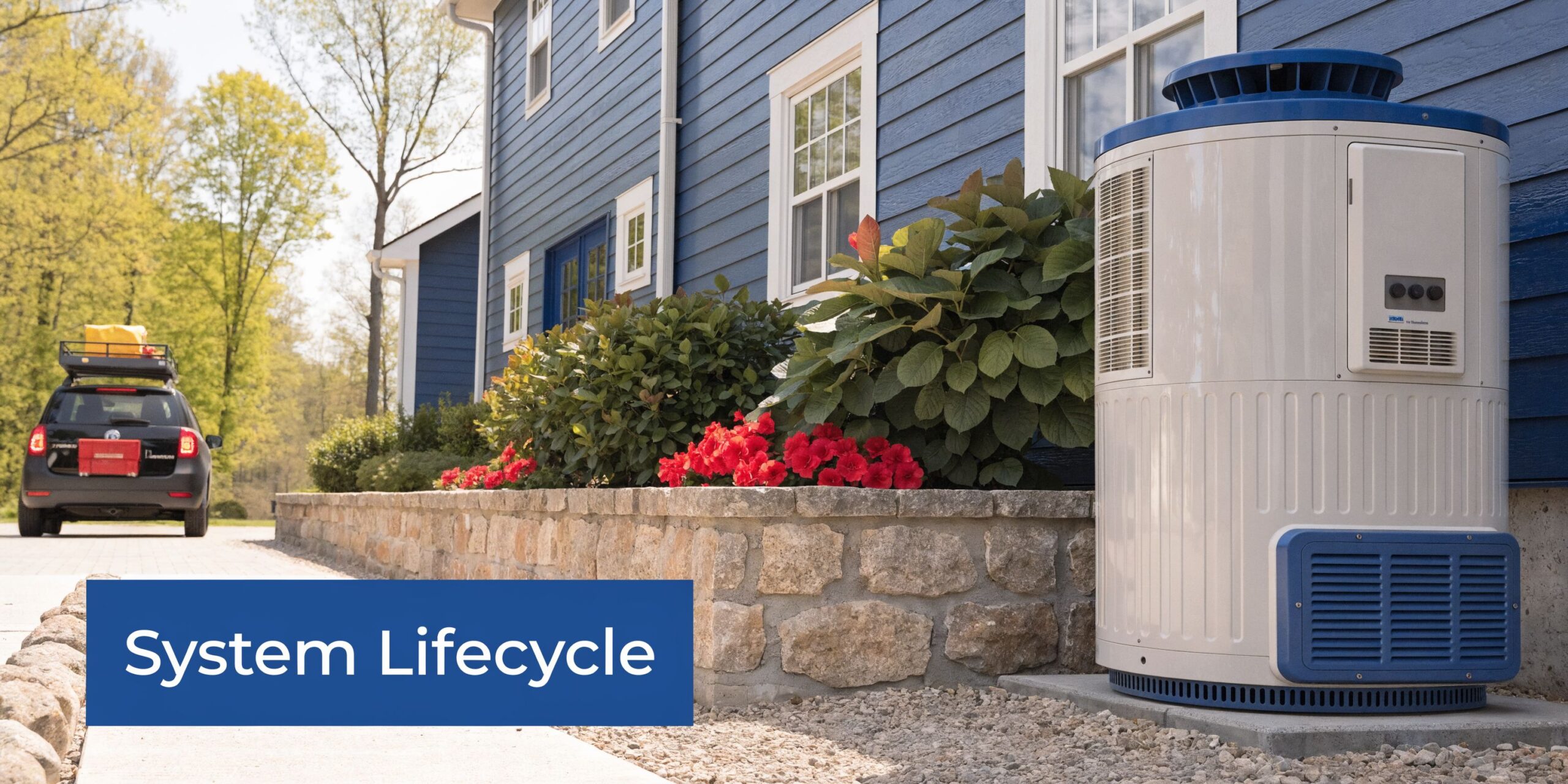 Choose Wisely: Difference Between Heat Pump and Furnace 4 A modern outdoor residential heat pump unit installed next to a blue house with flower beds.