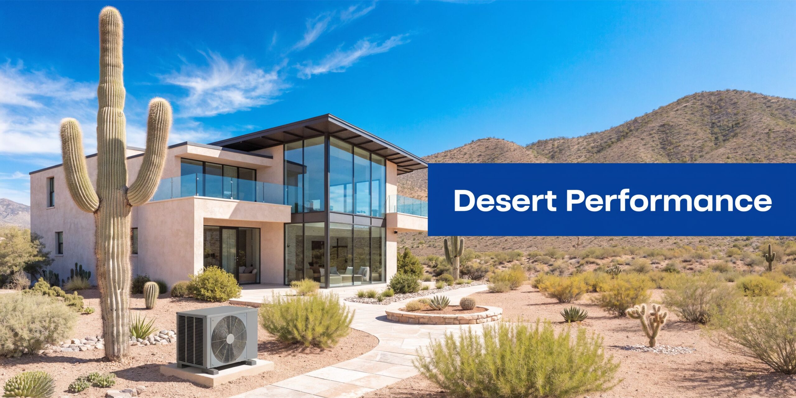 Choose Wisely: Difference Between Heat Pump and Furnace 3 A modern desert home with a heat pump unit installed in the foreground under a clear sky.