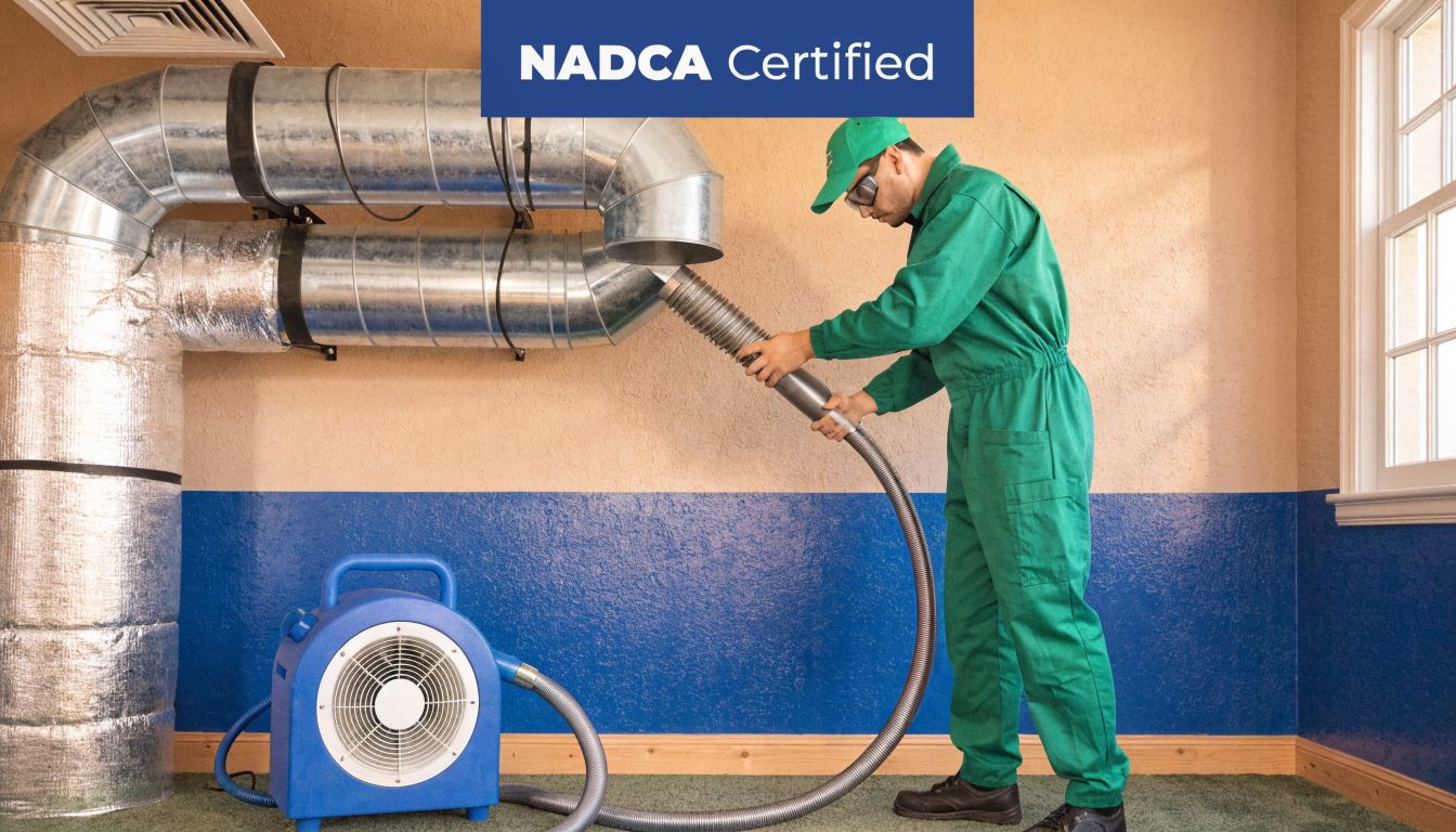 A professional technician in green workwear performing duct cleaning services on a residential ventilation system.